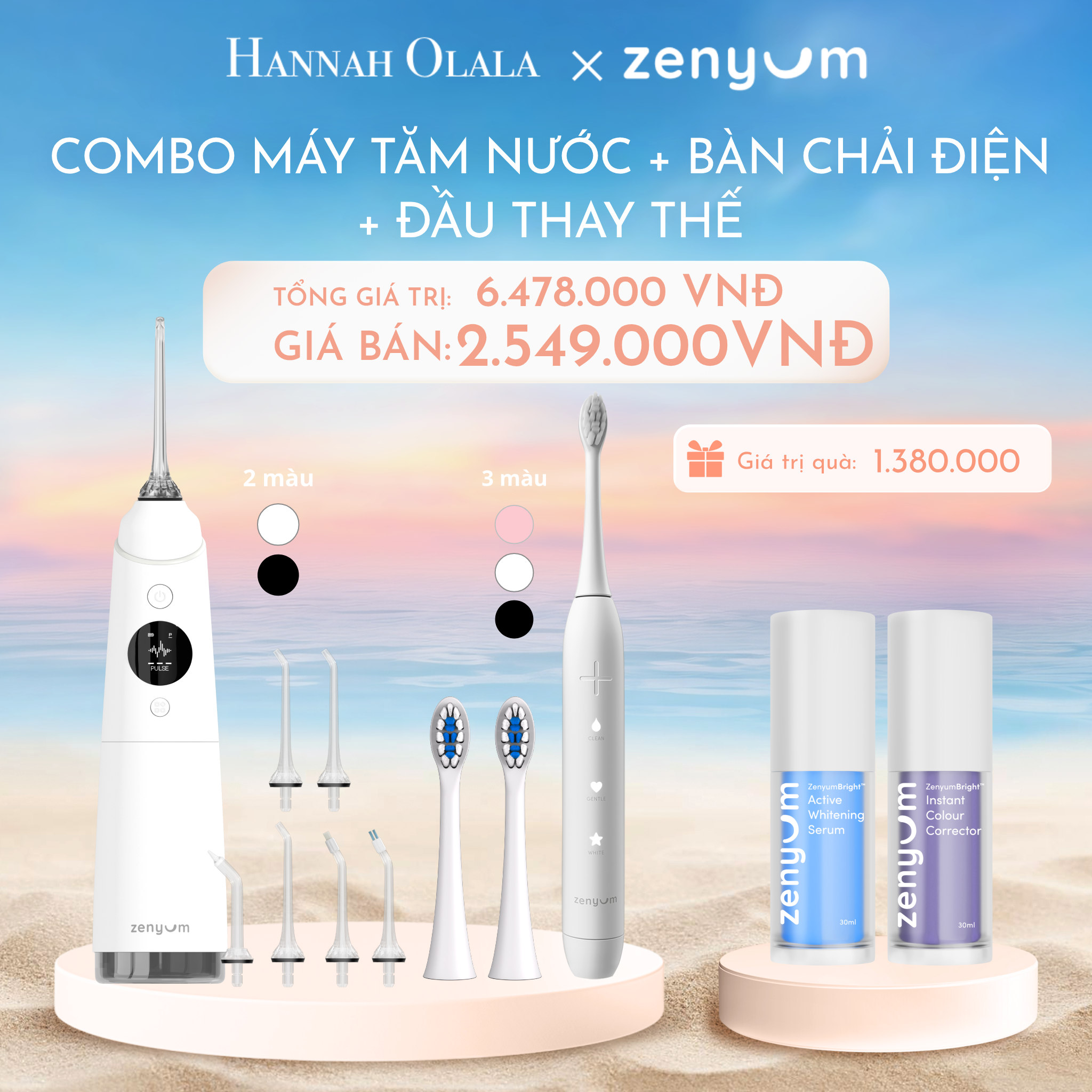 C959_DEAL 3: BỘ MÁY TĂM NƯỚC ZENYUM PRO + 6 ĐẦU THAY THẾ + BÀN CHẢI ĐIỆN ZENYUM SONIC + 2 ĐẦU THAY ÊM DỊU