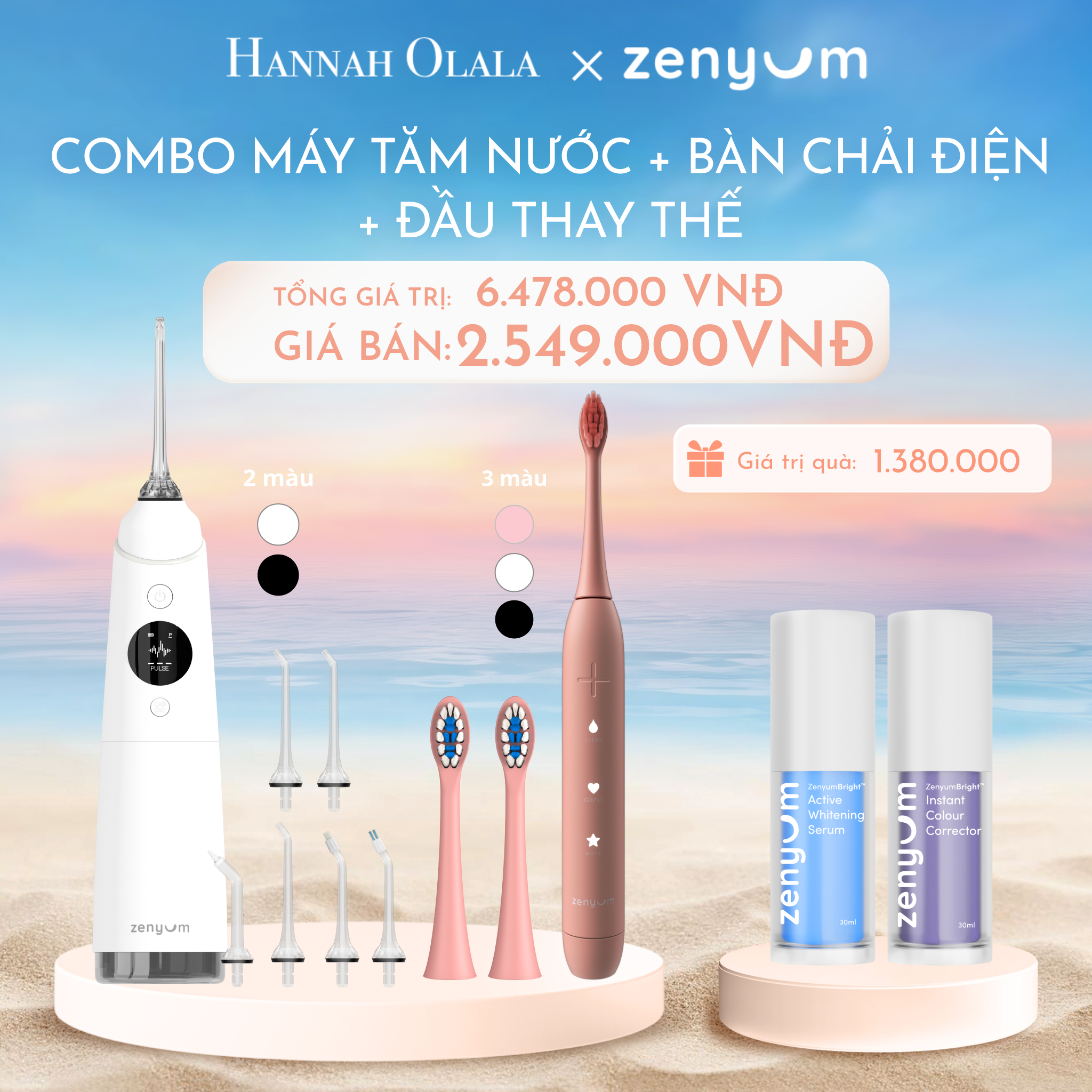 C959_DEAL 3: BỘ MÁY TĂM NƯỚC ZENYUM PRO + 6 ĐẦU THAY THẾ + BÀN CHẢI ĐIỆN ZENYUM SONIC + 2 ĐẦU THAY ÊM DỊU