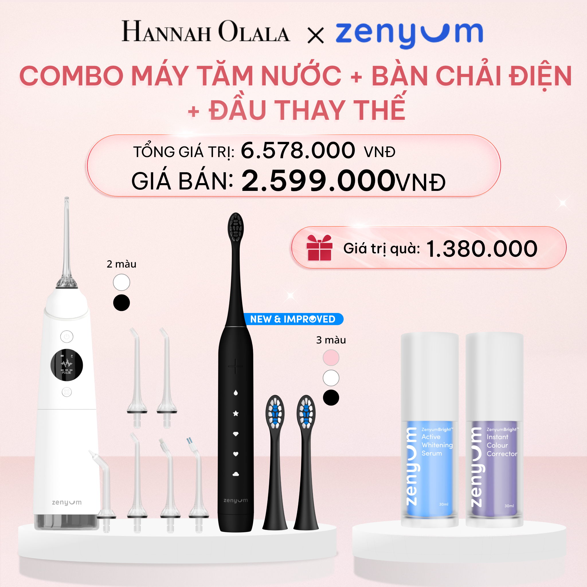 E956_DEAL 3: BỘ MÁY TĂM NƯỚC ZENYUM PRO + 6 ĐẦU THAY+ BÀN CHẢI ĐIỆN ZENYUM SONIC MỚI 2.0 + 2 ĐẦU THAY ÊM DỊU