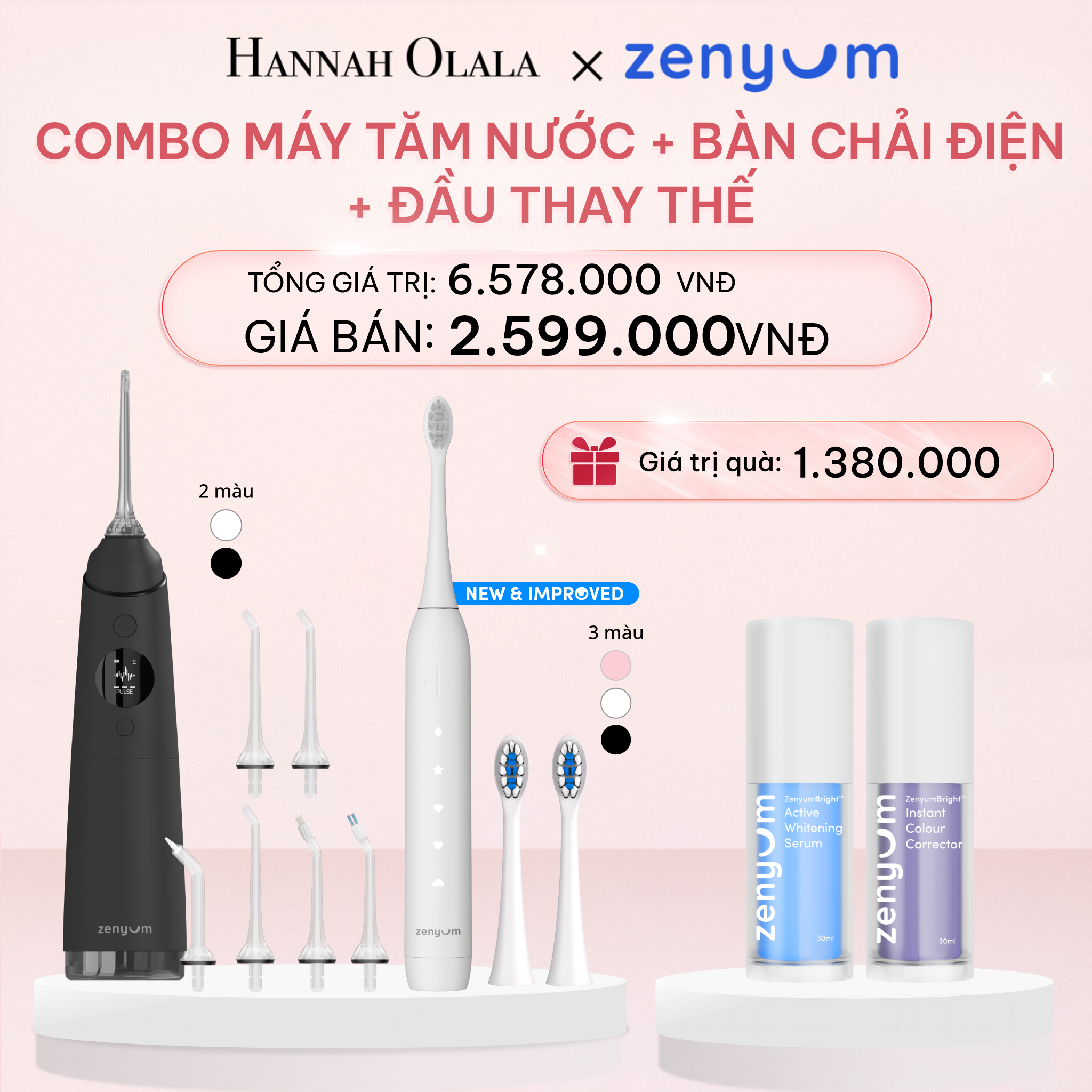 E956_DEAL 3: BỘ MÁY TĂM NƯỚC ZENYUM PRO + 6 ĐẦU THAY+ BÀN CHẢI ĐIỆN ZENYUM SONIC MỚI 2.0 + 2 ĐẦU THAY ÊM DỊU