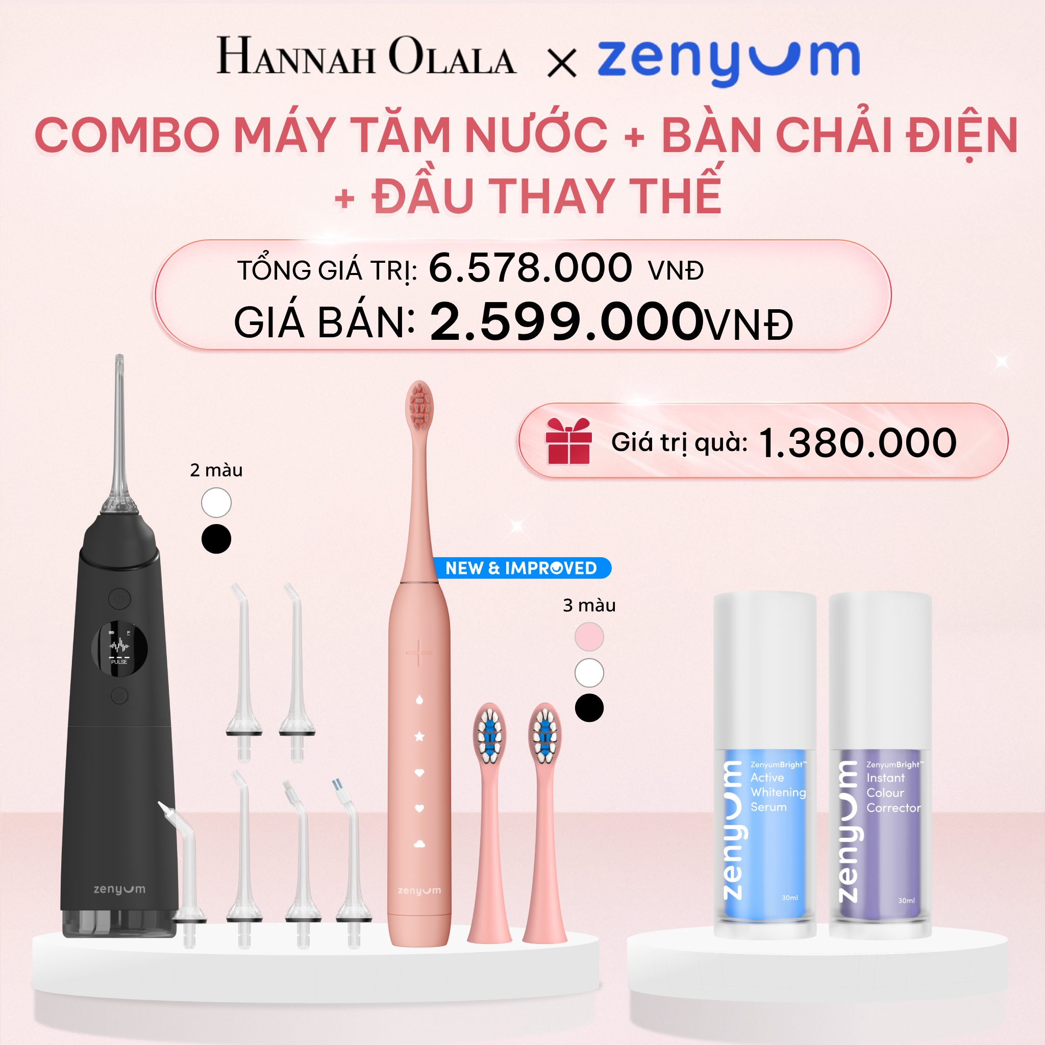 E956_DEAL 3: BỘ MÁY TĂM NƯỚC ZENYUM PRO + 6 ĐẦU THAY+ BÀN CHẢI ĐIỆN ZENYUM SONIC MỚI 2.0 + 2 ĐẦU THAY ÊM DỊU