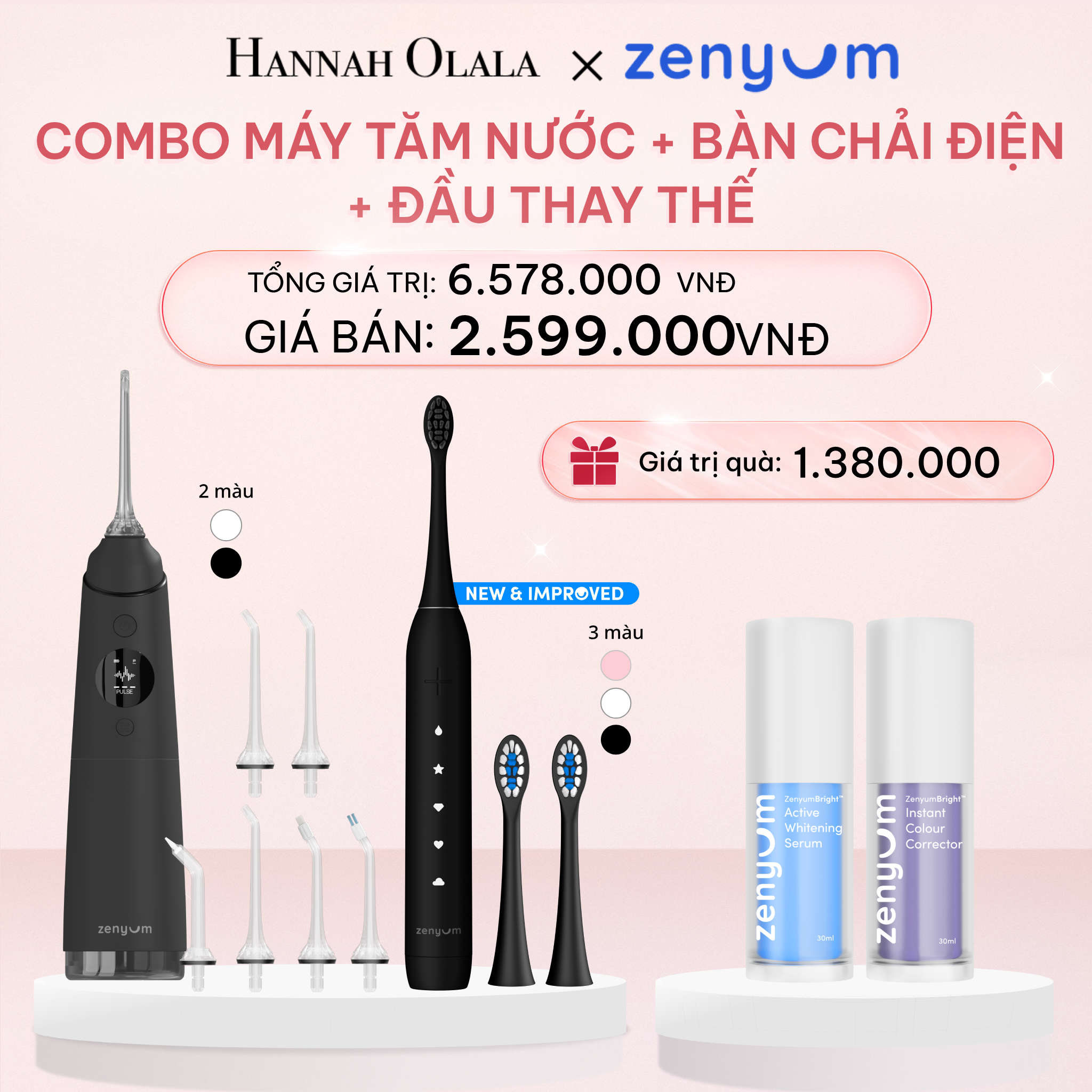 E956_DEAL 3: BỘ MÁY TĂM NƯỚC ZENYUM PRO + 6 ĐẦU THAY+ BÀN CHẢI ĐIỆN ZENYUM SONIC MỚI 2.0 + 2 ĐẦU THAY ÊM DỊU