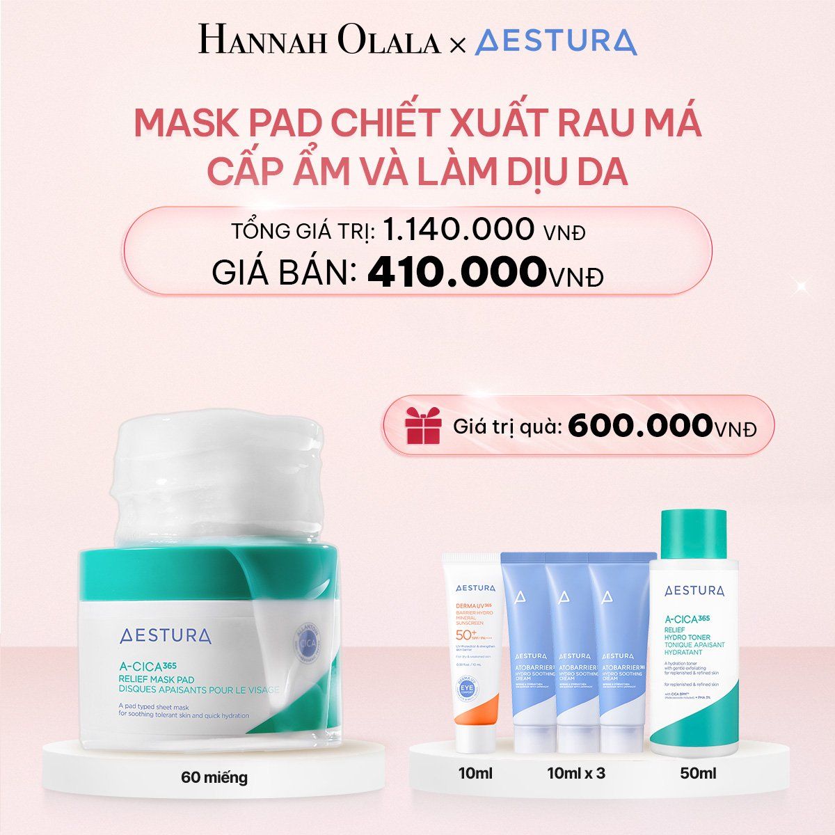 E843_DEAL 4: MASK PAD CHIẾT XUẤT RAU MÁ CẤP ẨM VÀ LÀM DỊU DA AESTURA A-CICA365 RELIEF MASK PAD 60 MIẾNG