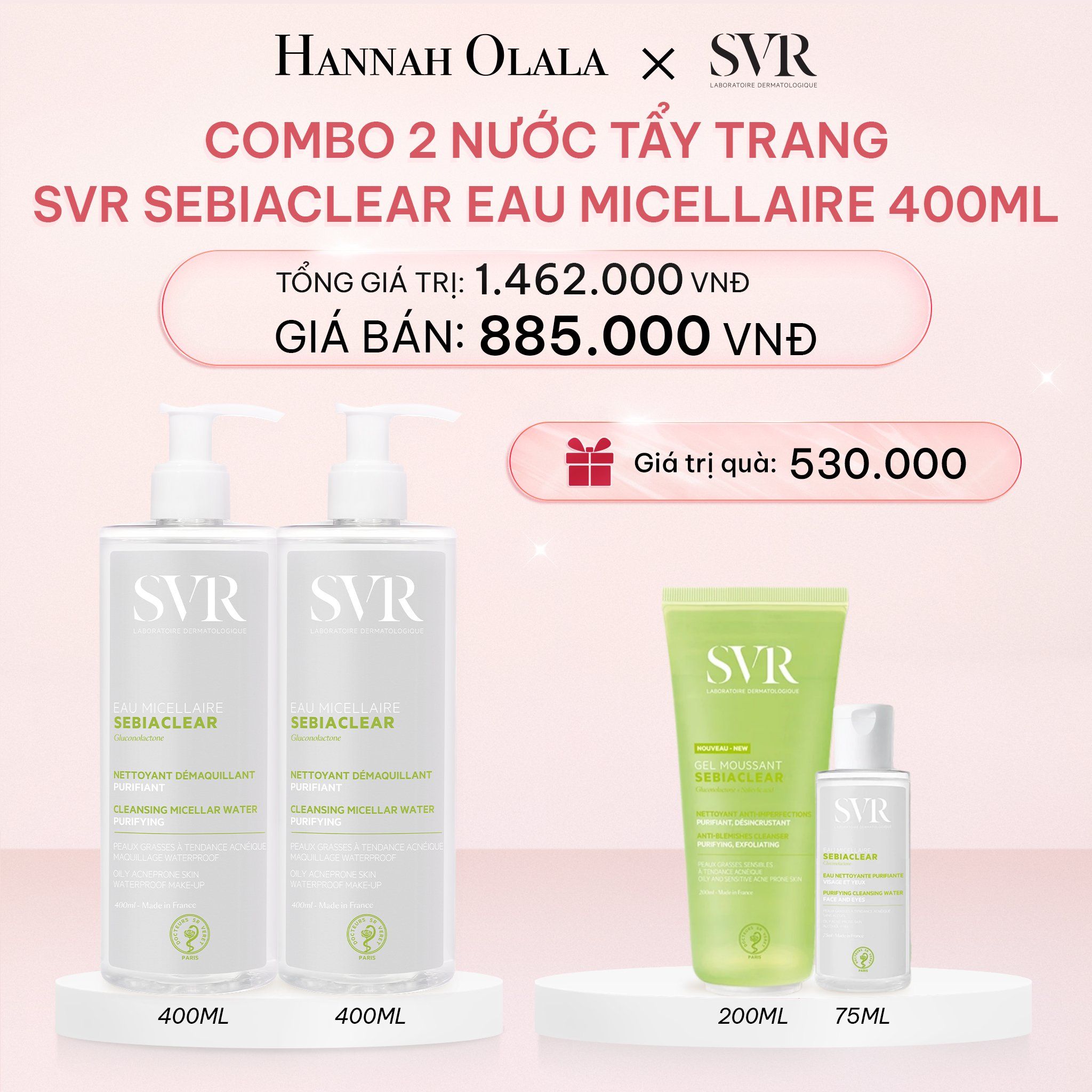 E898_DEAL 04: COMBO 2 NƯỚC TẨY TRANG SẠCH SÂU LOẠI BỎ DẦU NHỜN SVR SEBIACLEAR EAU MICELLAIRE 400ML