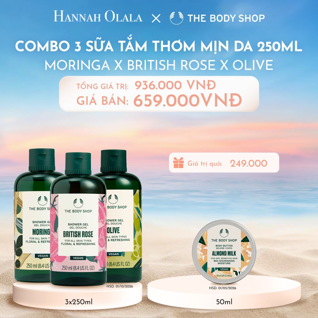 C711_DEAL 4: COMBO 3 SỮA TẮM THIÊN NHIÊN DƯỠNG ẨM 250ML - MORINGA & BRITISH ROSE & OLIVE