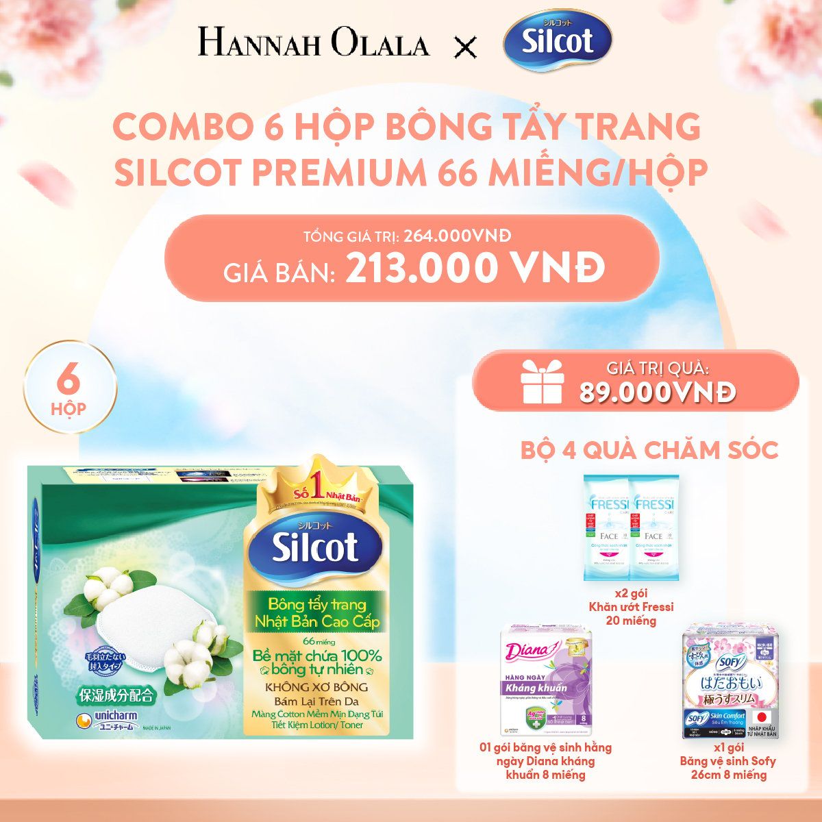 A737_DEAL 4: COMBO 6 HỘP BÔNG TRANG ĐIỂM (BÔNG TẨY TRANG) CAO CẤP SILCOT PREMIUM 66 MIẾNG/HỘP