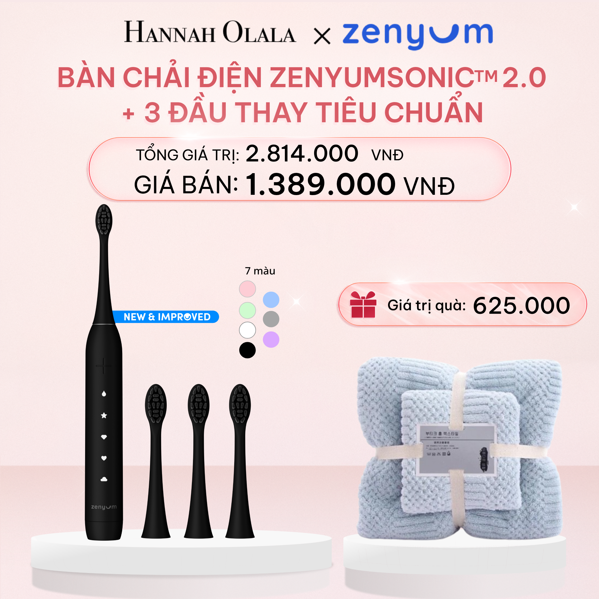 E962_DEAL 4: BỘ BÀN CHẢI ĐIỆN ZENYUM SONIC MỚI 2.0 + 3 ĐẦU THAY TIÊU CHUẨN
