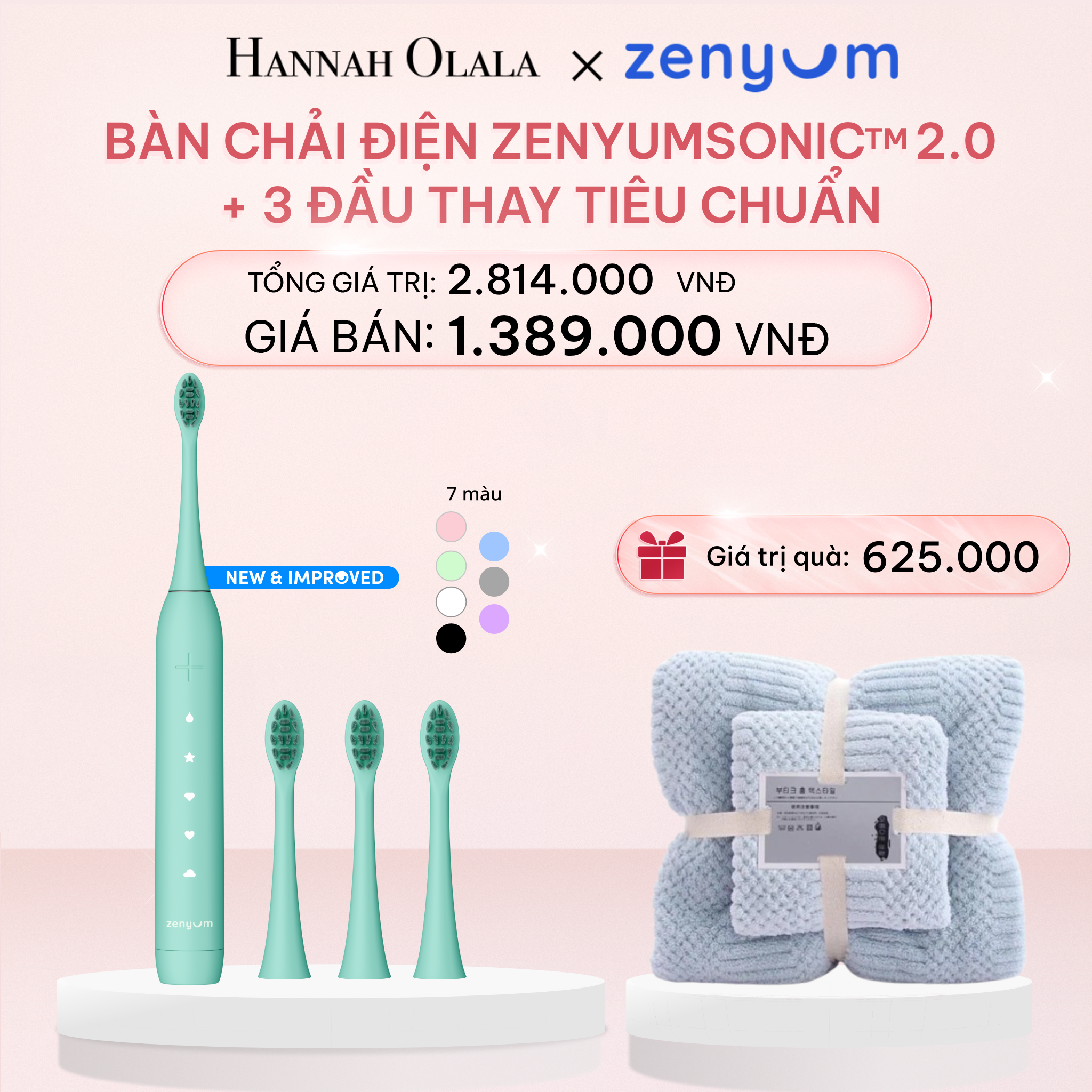 E962_DEAL 4: BỘ BÀN CHẢI ĐIỆN ZENYUM SONIC MỚI 2.0 + 3 ĐẦU THAY TIÊU CHUẨN