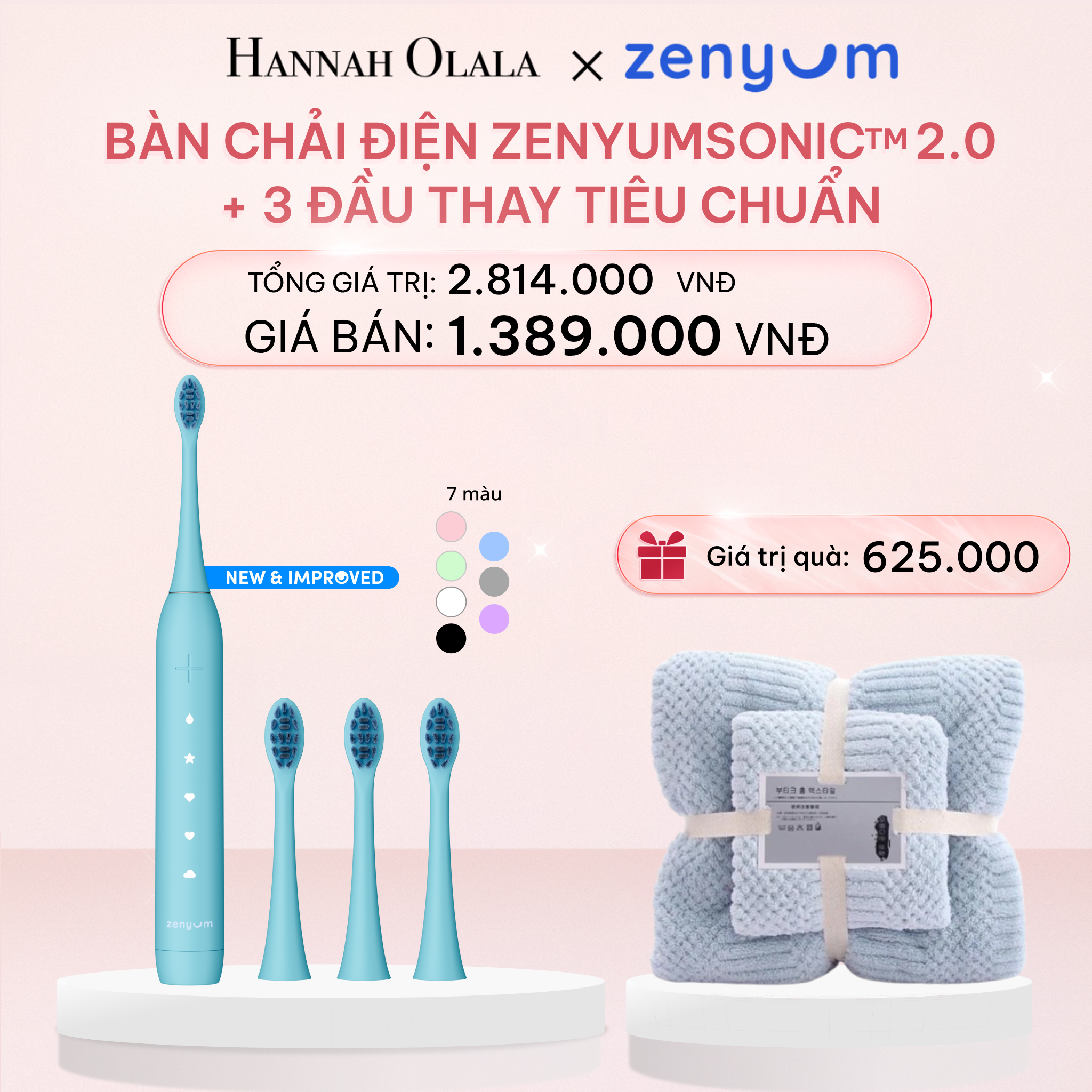 E962_DEAL 4: BỘ BÀN CHẢI ĐIỆN ZENYUM SONIC MỚI 2.0 + 3 ĐẦU THAY TIÊU CHUẨN