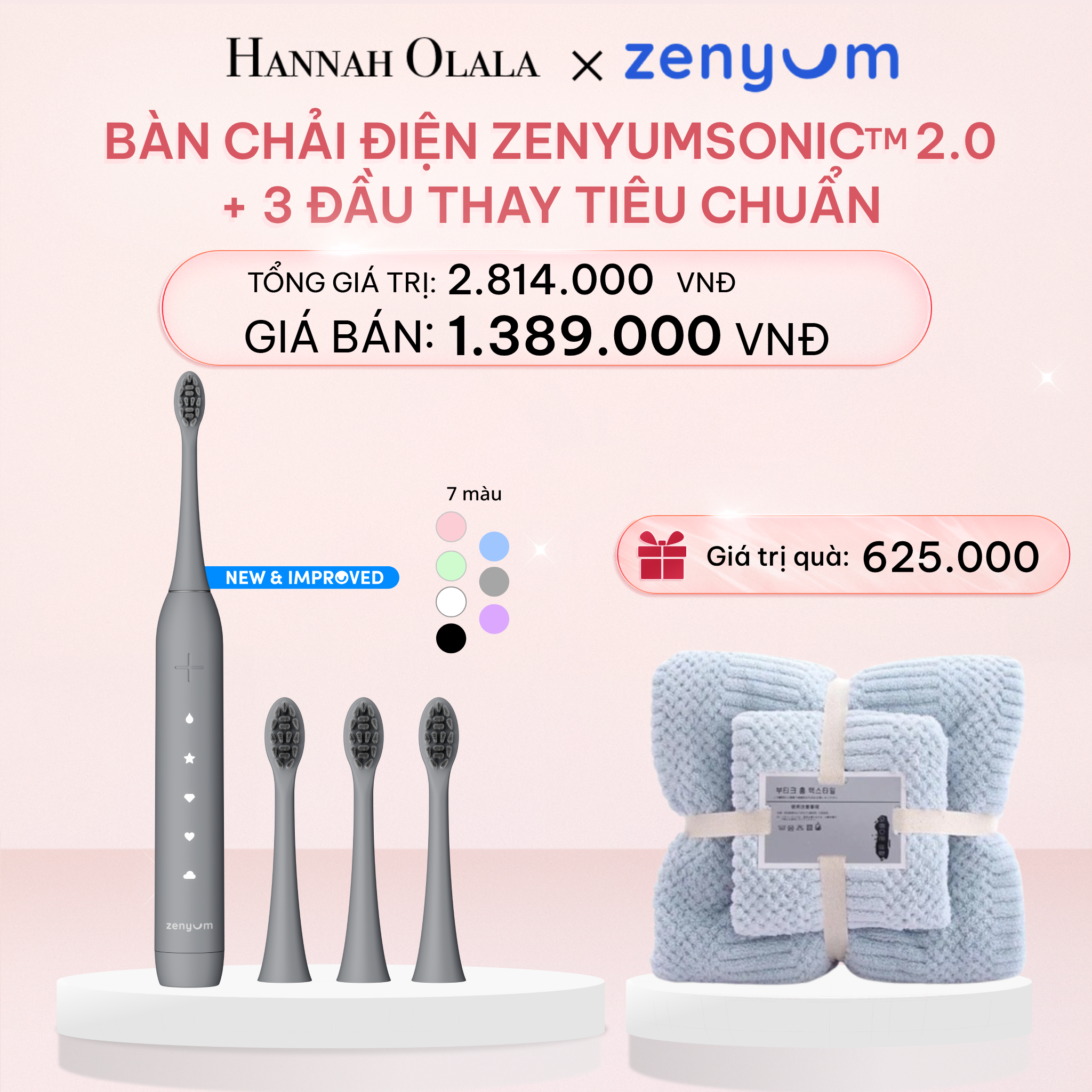 E962_DEAL 4: BỘ BÀN CHẢI ĐIỆN ZENYUM SONIC MỚI 2.0 + 3 ĐẦU THAY TIÊU CHUẨN