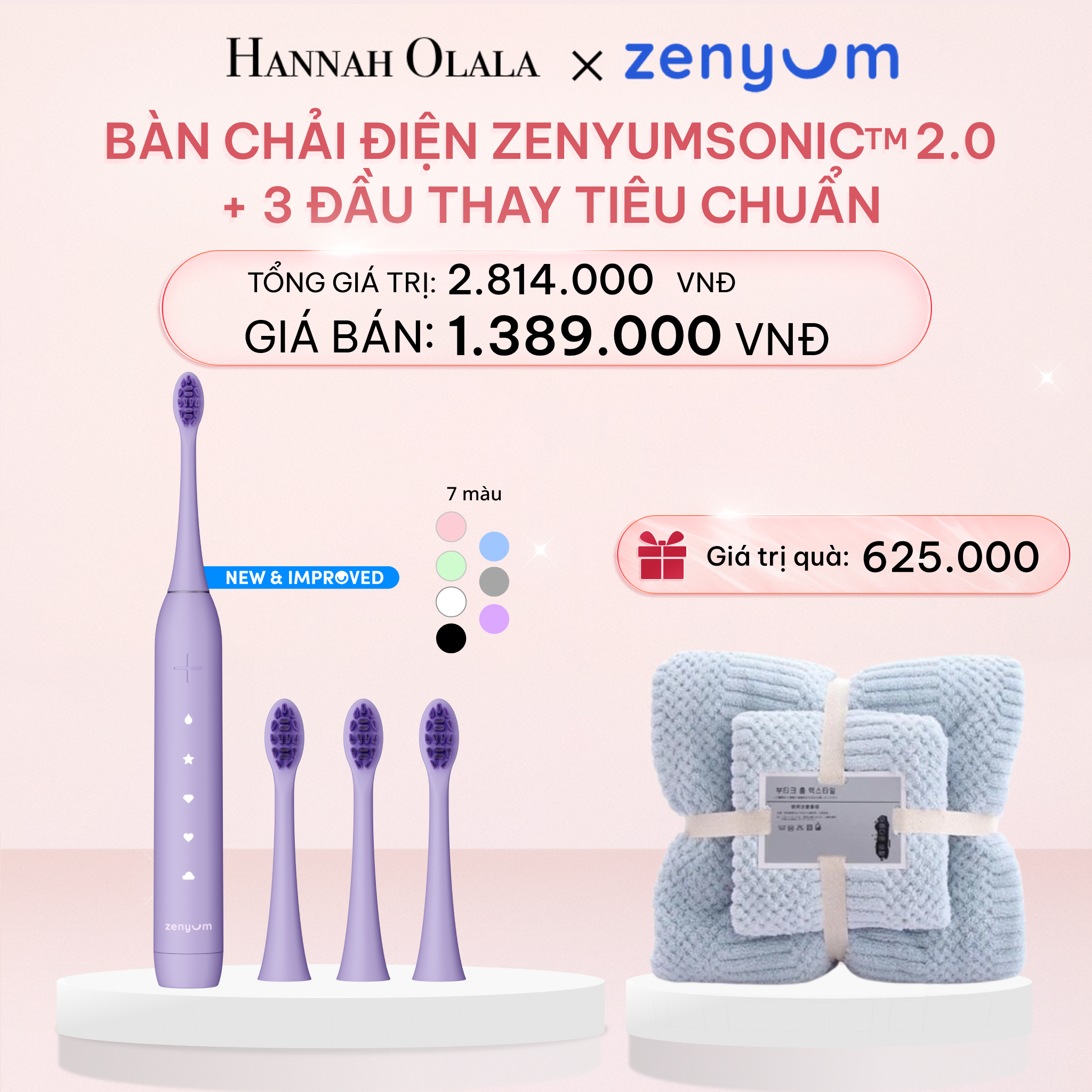 E962_DEAL 4: BỘ BÀN CHẢI ĐIỆN ZENYUM SONIC MỚI 2.0 + 3 ĐẦU THAY TIÊU CHUẨN