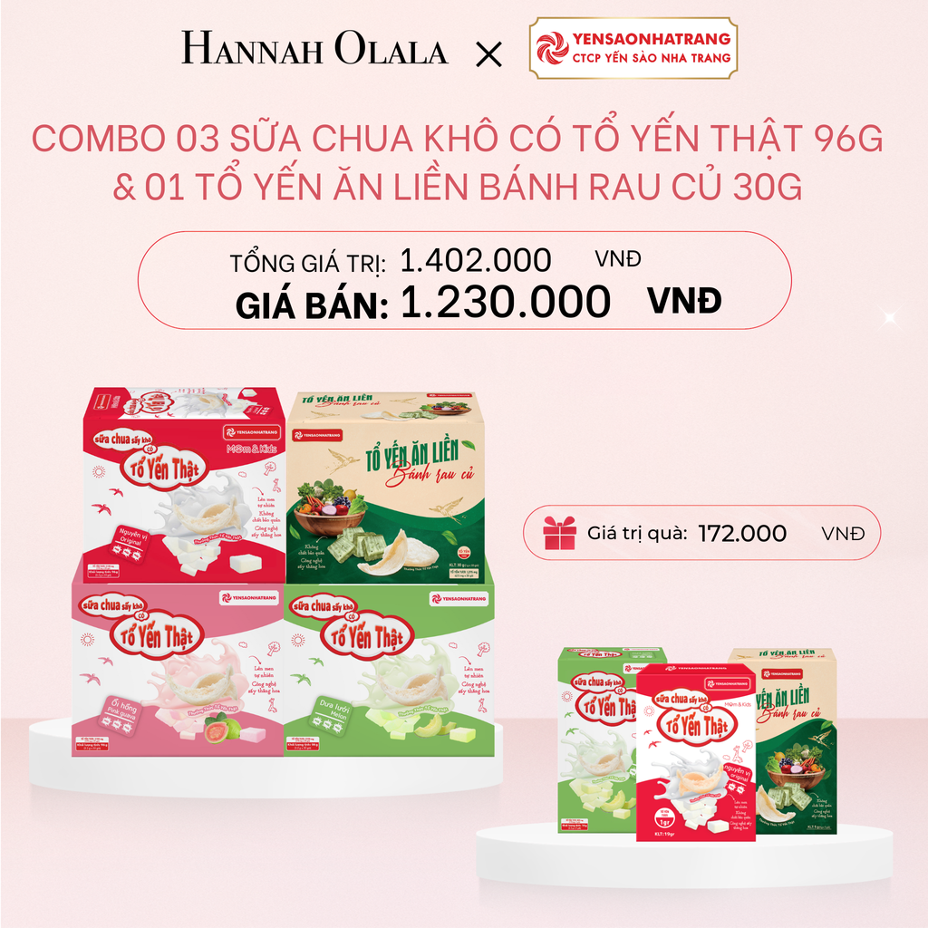 E1006_DEAL 5: COMBO 03 SỮA CHUA KHÔ CÓ TỔ YẾN THẬT 96G & 01 TỔ YẾN ĂN LIỀN BÁNH RAU CỦ 30G