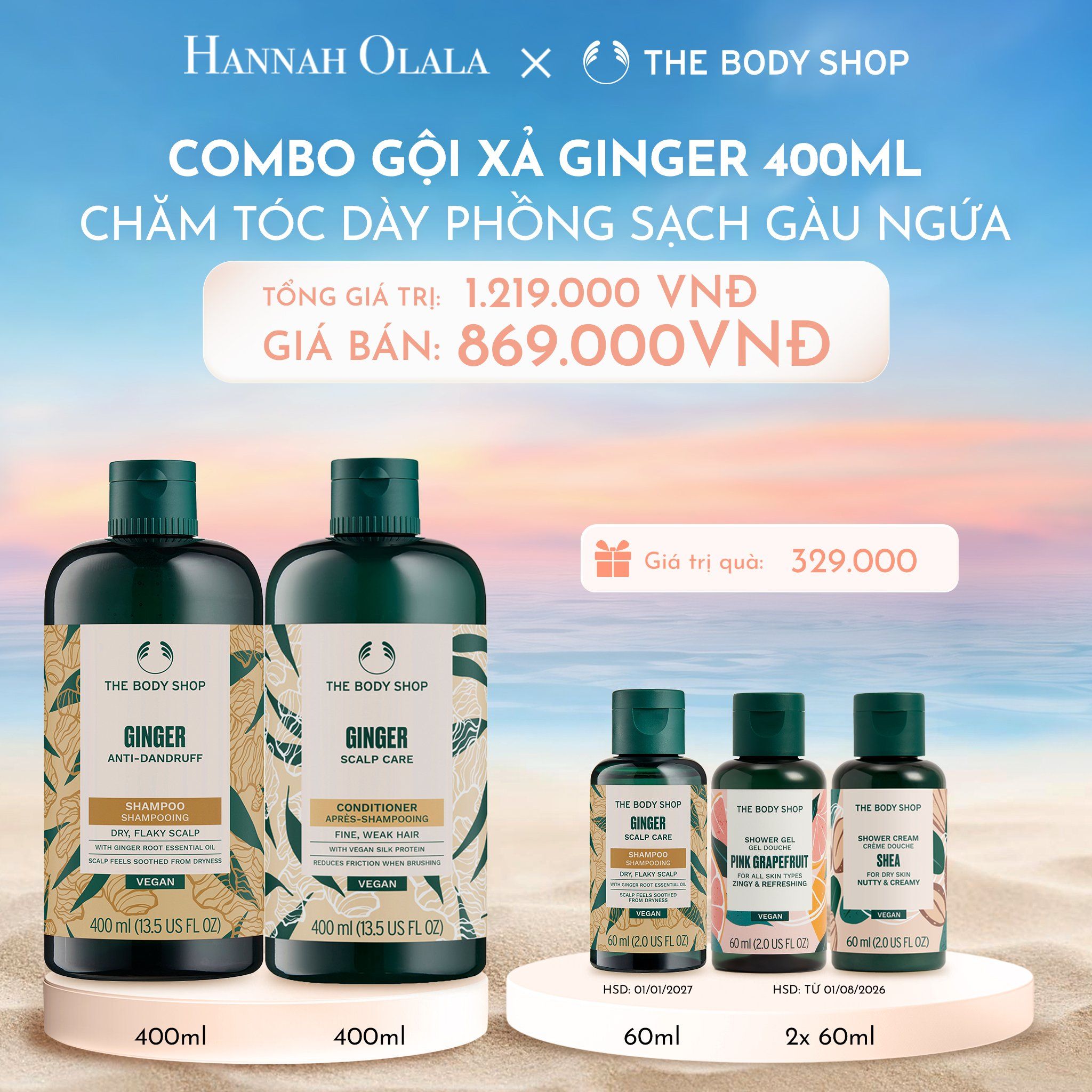 C712_DEAL 5: COMBO CHĂM TÓC DÀY PHỒNG, GIẢM GÃY RỤNG, SẠCH GÀU NGỨA GINGER 400ML - DẦU GỘI & DẦU XẢ