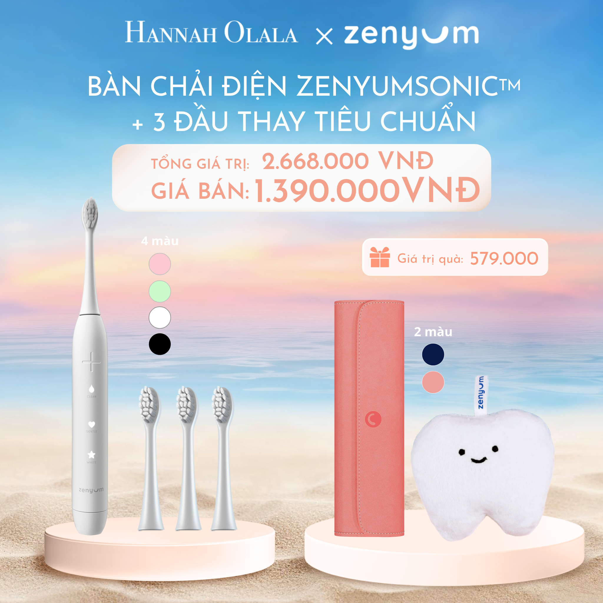 C966_DEAL 5: BỘ BÀN CHẢI ĐIỆN ZENYUM SONIC + 3 ĐẦU THAY THẾ TIÊU CHUẨN