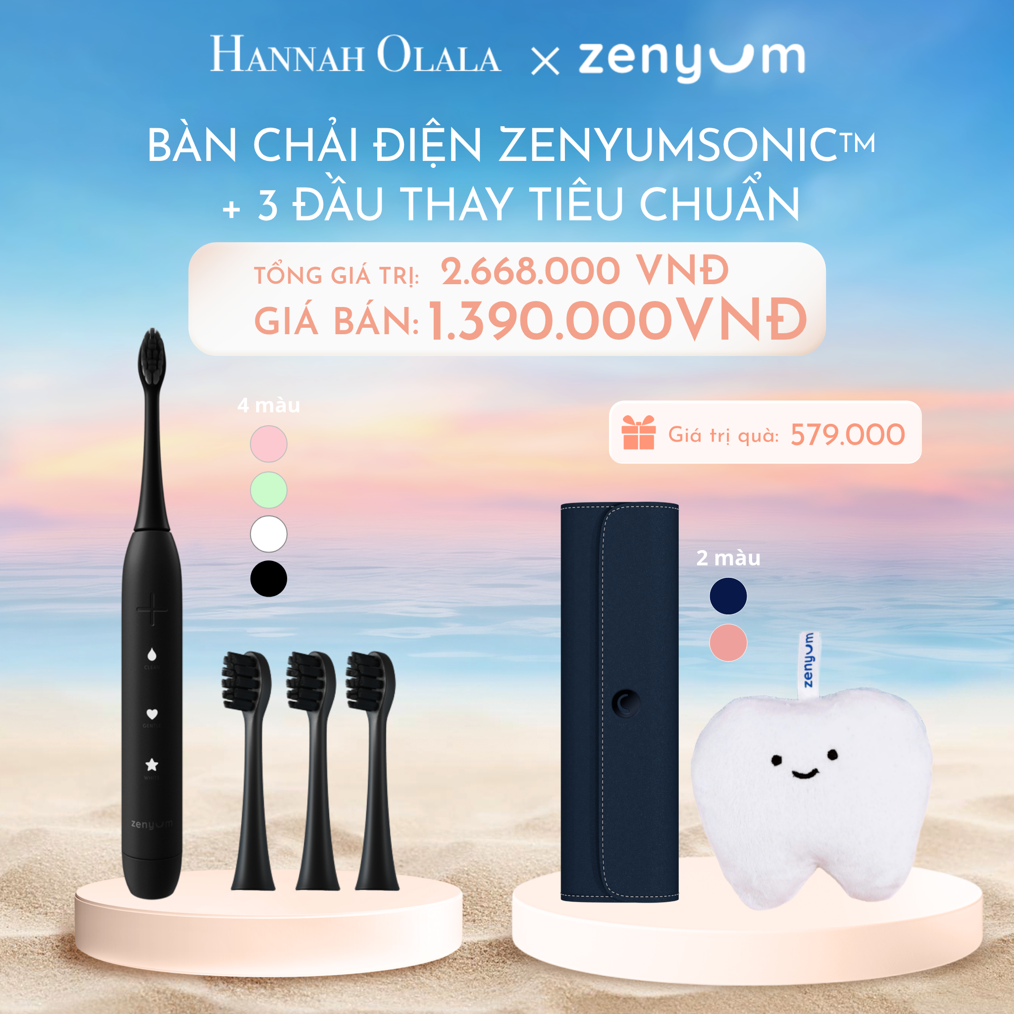 C966_DEAL 5: BỘ BÀN CHẢI ĐIỆN ZENYUM SONIC + 3 ĐẦU THAY THẾ TIÊU CHUẨN
