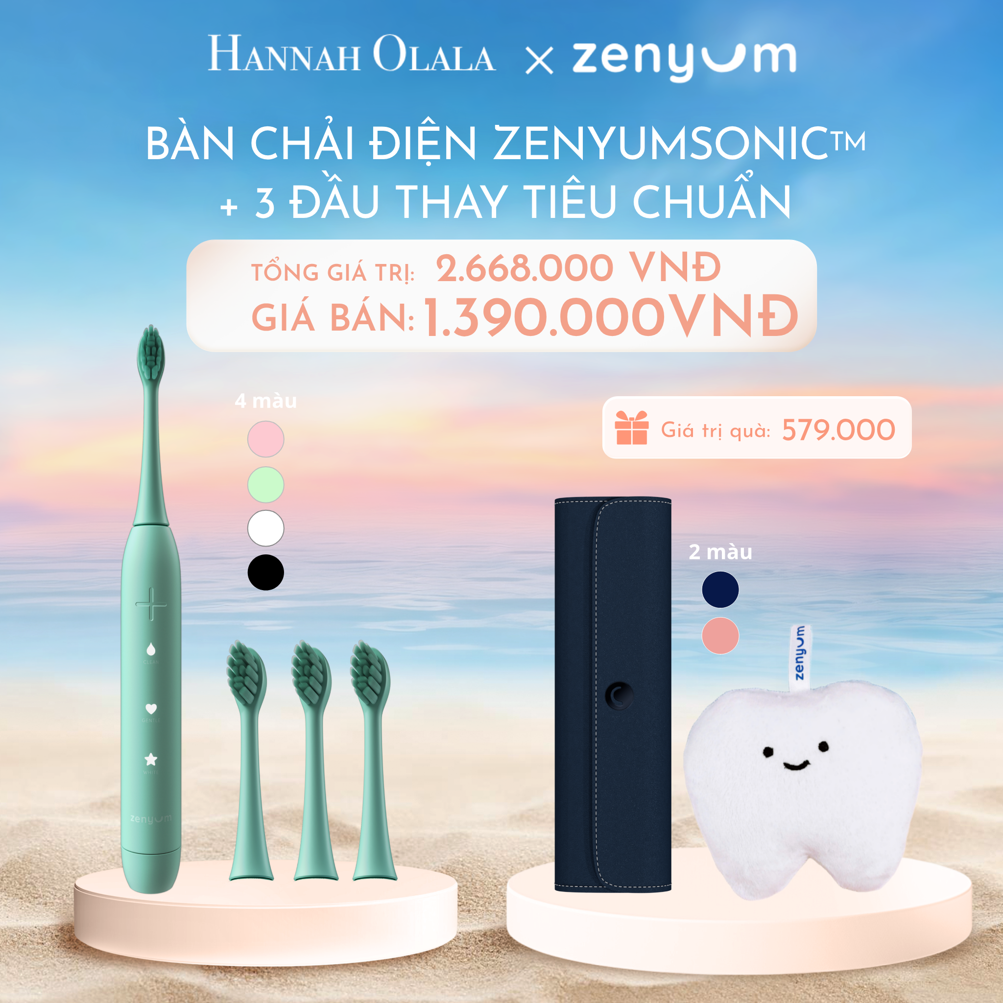 C966_DEAL 5: BỘ BÀN CHẢI ĐIỆN ZENYUM SONIC + 3 ĐẦU THAY THẾ TIÊU CHUẨN