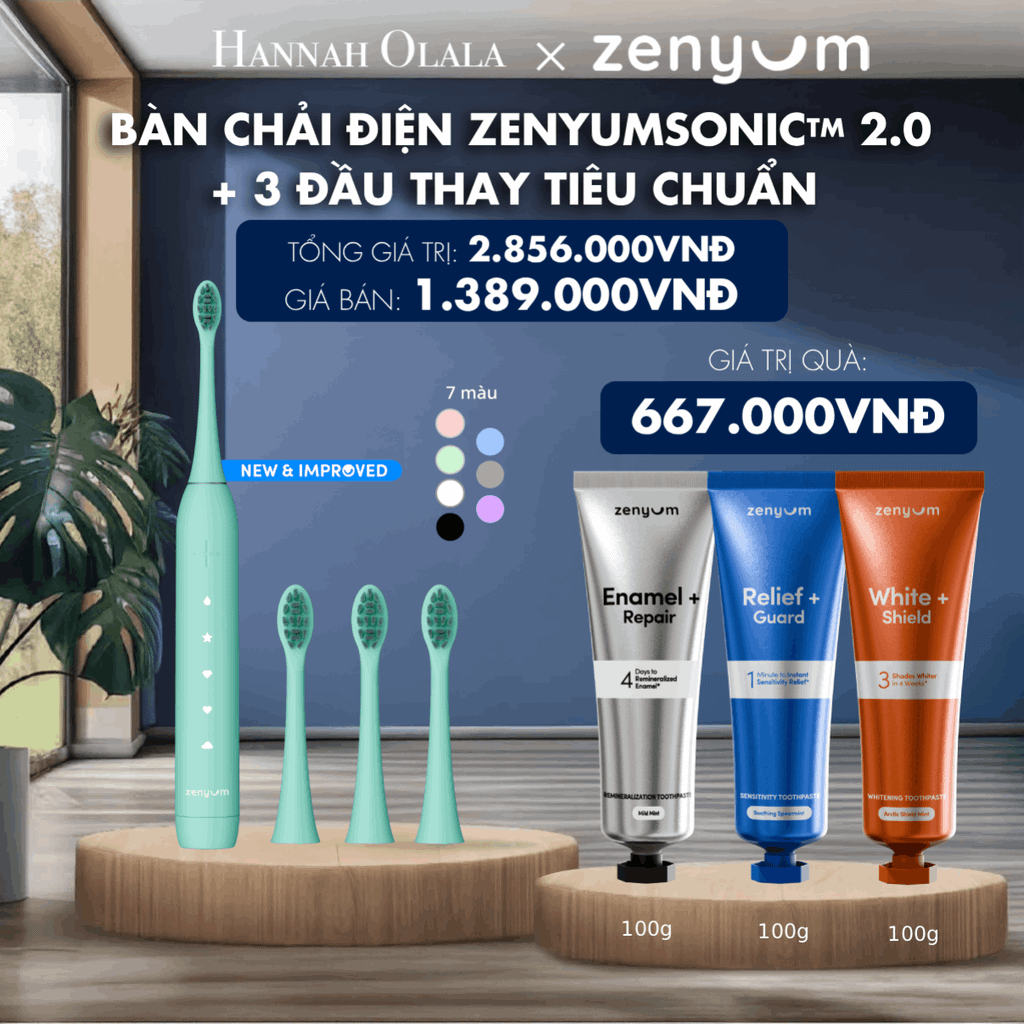 M193_DEAL 5: BỘ BÀN CHẢI ĐIỆN ZENYUM SONIC 2.0 + 3 ĐẦU THAY TIÊU CHUẨN