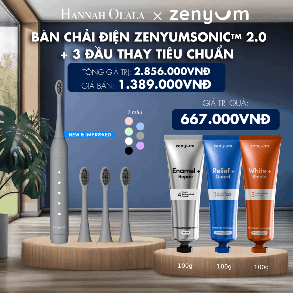 M193_DEAL 5: BỘ BÀN CHẢI ĐIỆN ZENYUM SONIC 2.0 + 3 ĐẦU THAY TIÊU CHUẨN