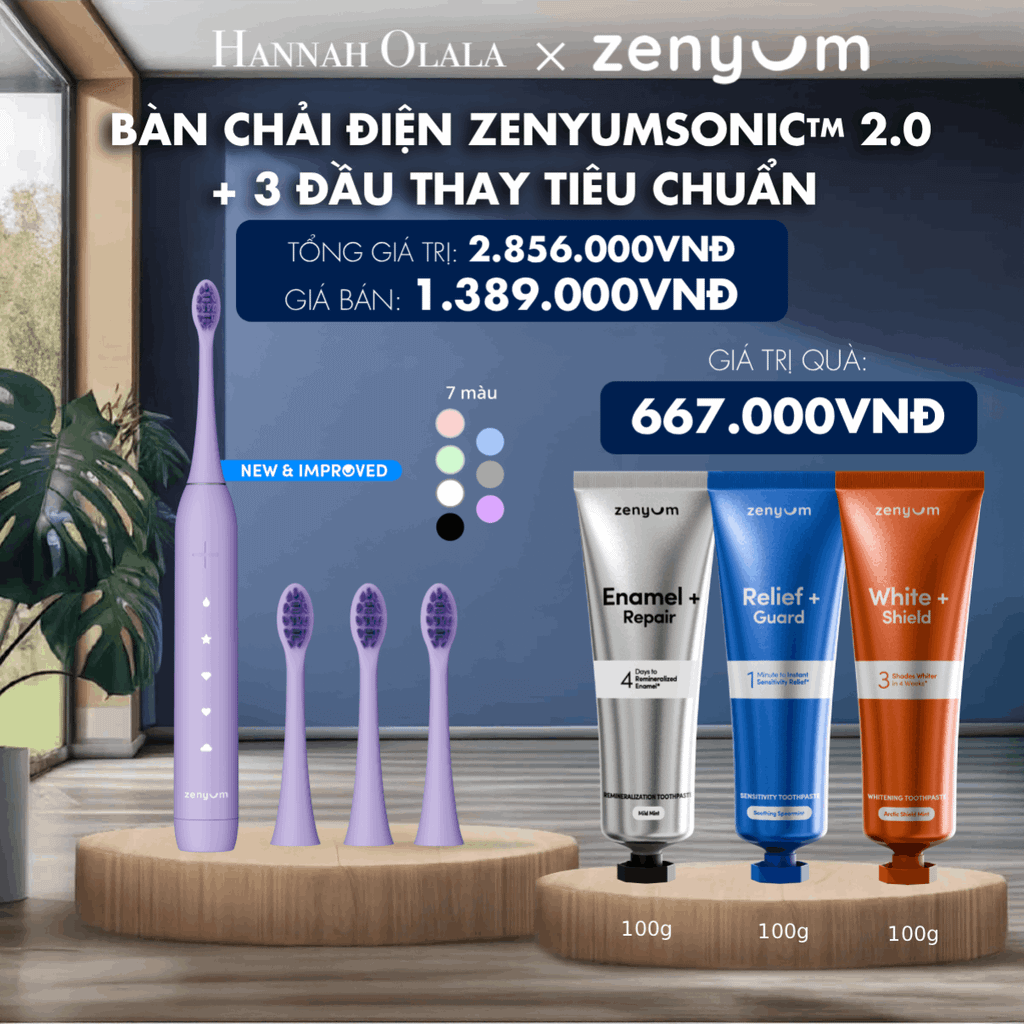 M193_DEAL 5: BỘ BÀN CHẢI ĐIỆN ZENYUM SONIC 2.0 + 3 ĐẦU THAY TIÊU CHUẨN