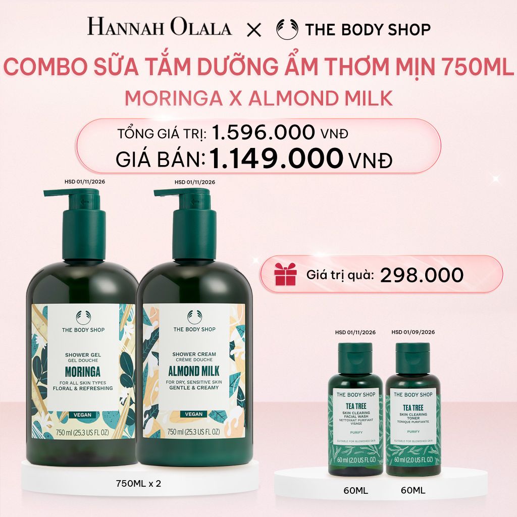 E385_DEAL 6: COMBO 2 SỮA TẮM ẨM MỊN NGÁT HƯƠNG HOA SHOWER GEL 750ML – MORINGA & ALMOND MILK