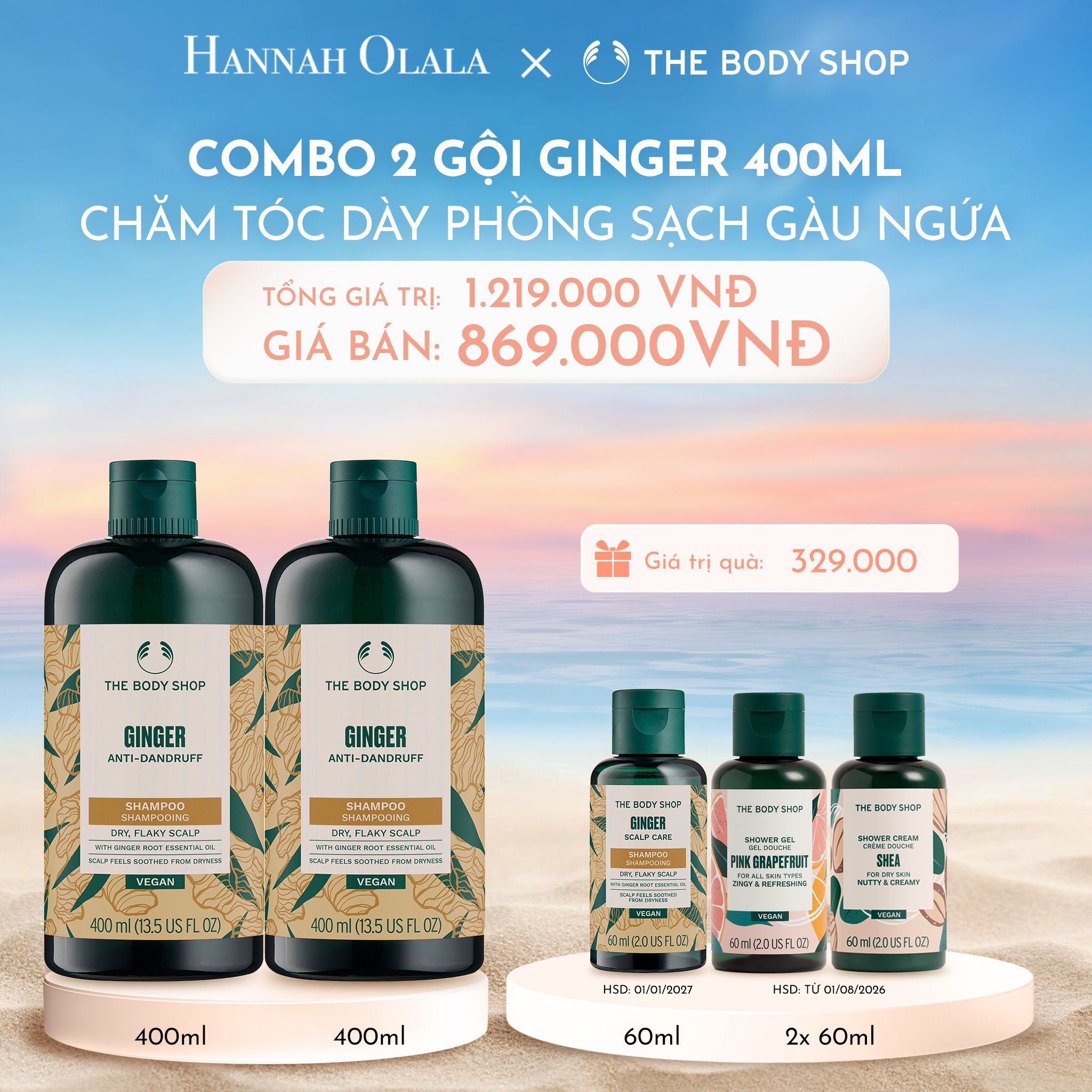 C713_DEAL 6: COMBO CHĂM TÓC DÀY PHỒNG, GIẢM GÃY RỤNG, SẠCH GÀU NGỨA GINGER 400ML - 2X DẦU GỘI