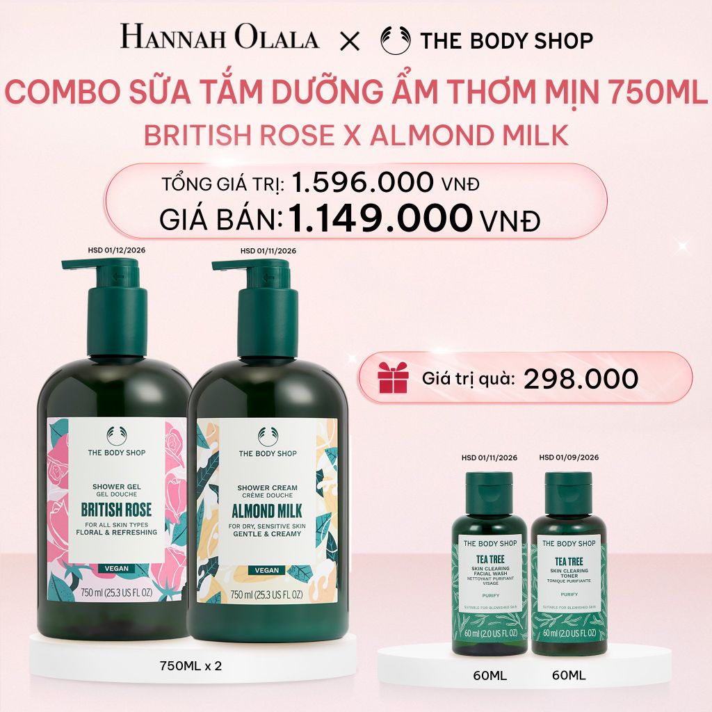 E386_DEAL 7: COMBO 2 SỮA TẮM ẨM MỊN NGÁT HƯƠNG HOA SHOWER GEL 750ML – BRITISH ROSE & ALMOND MILK