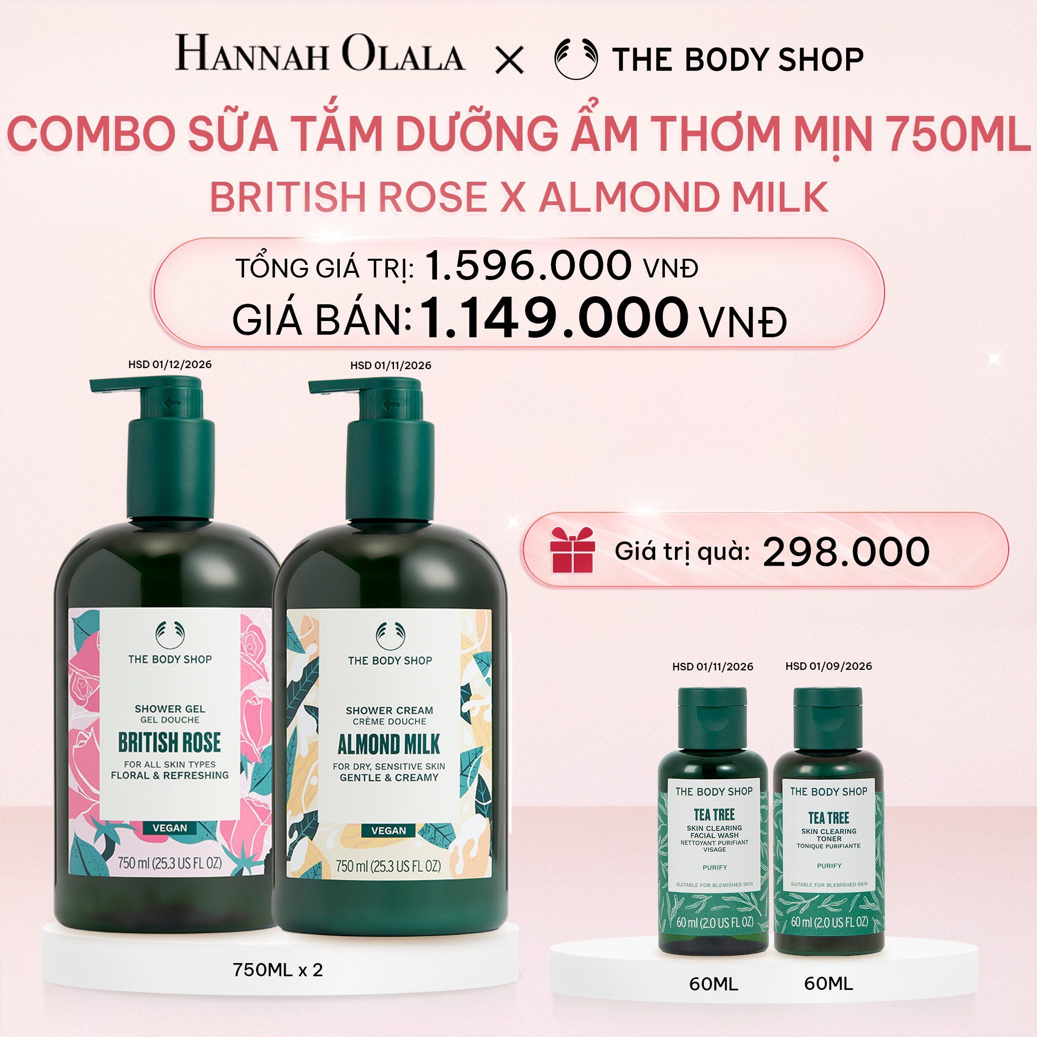 E386_DEAL 7: COMBO 2 SỮA TẮM ẨM MỊN NGÁT HƯƠNG HOA SHOWER GEL 750ML – BRITISH ROSE & ALMOND MILK