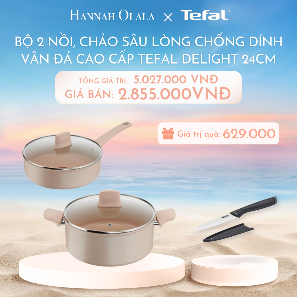 C1034_DEAL 8.1: BỘ 2 NỒI, CHẢO SÂU LÒNG CHỐNG DÍNH VÂN ĐÁ CAO CẤP TEFAL DELIGHT 24CM (CHẢO 24CM, NỒI 24CM)