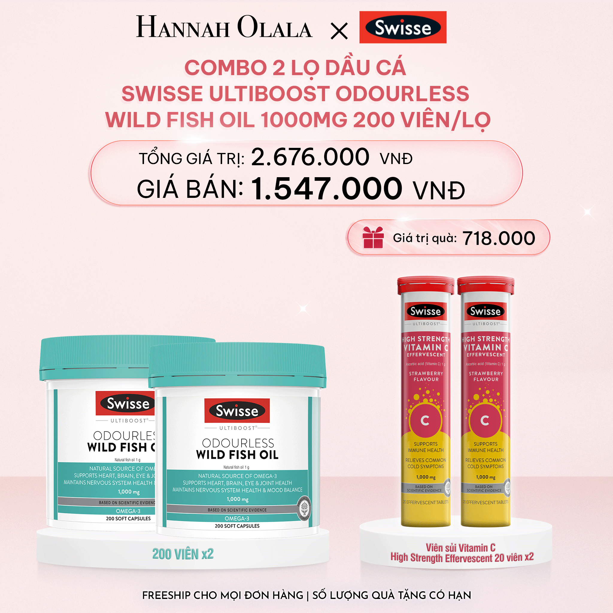 E725_DEAL 8: COMBO 2 LỌ DẦU CÁ SWISSE ULTIBOOST ODOURLESS WILD FISH OIL 1000MG 200 VIÊN/LỌ