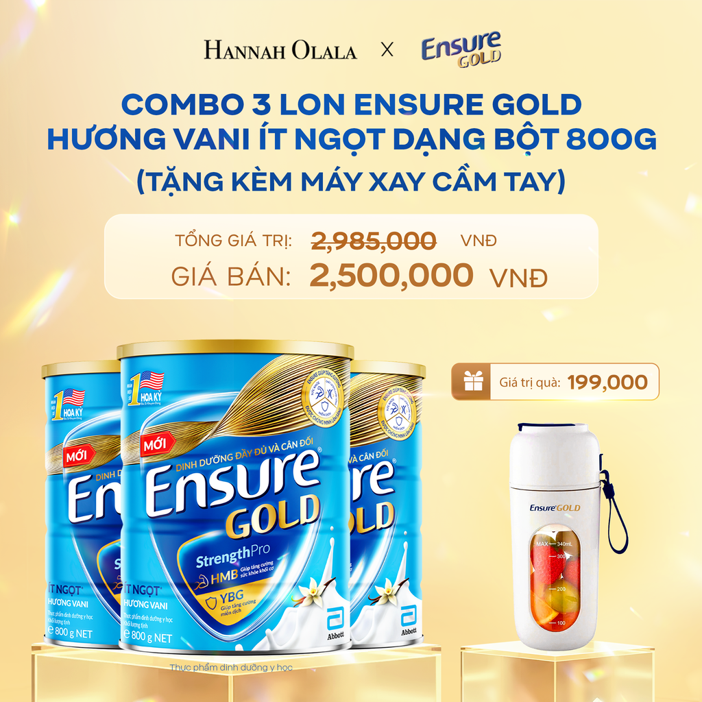 DEAL 10: COMBO 3 LON ENSURE GOLD DẠNG BỘT 800G (VANI ÍT NGỌT) + TẶNG MÁY XAY CẦM TAY