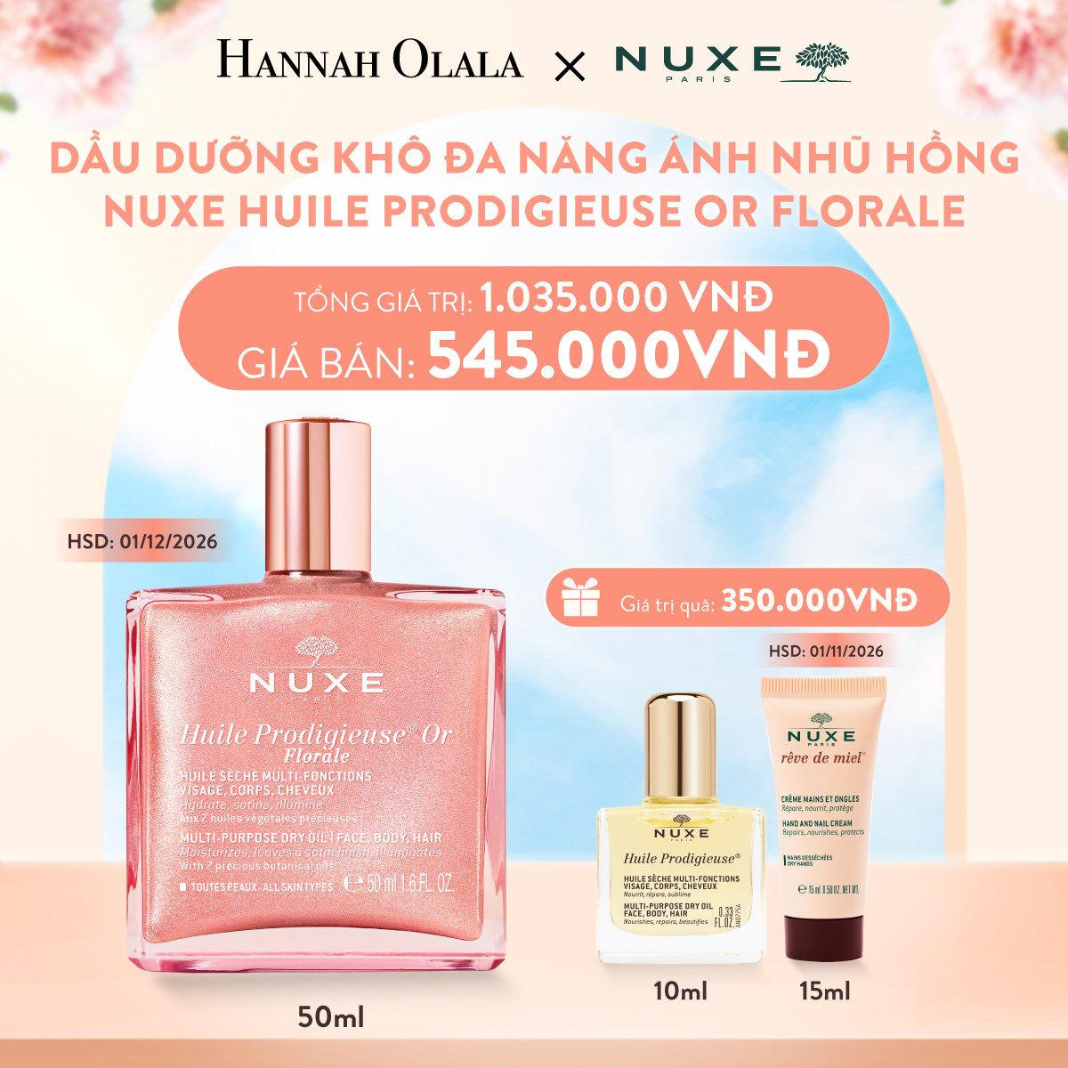A612_DEAL 4: DẦU DƯỠNG KHÔ ĐA NĂNG ÁNH NHŨ NUXE HUILE PRODIGIEUSE SHIMMERING DRY OIL 50ML (CHỌN HƯƠNG)