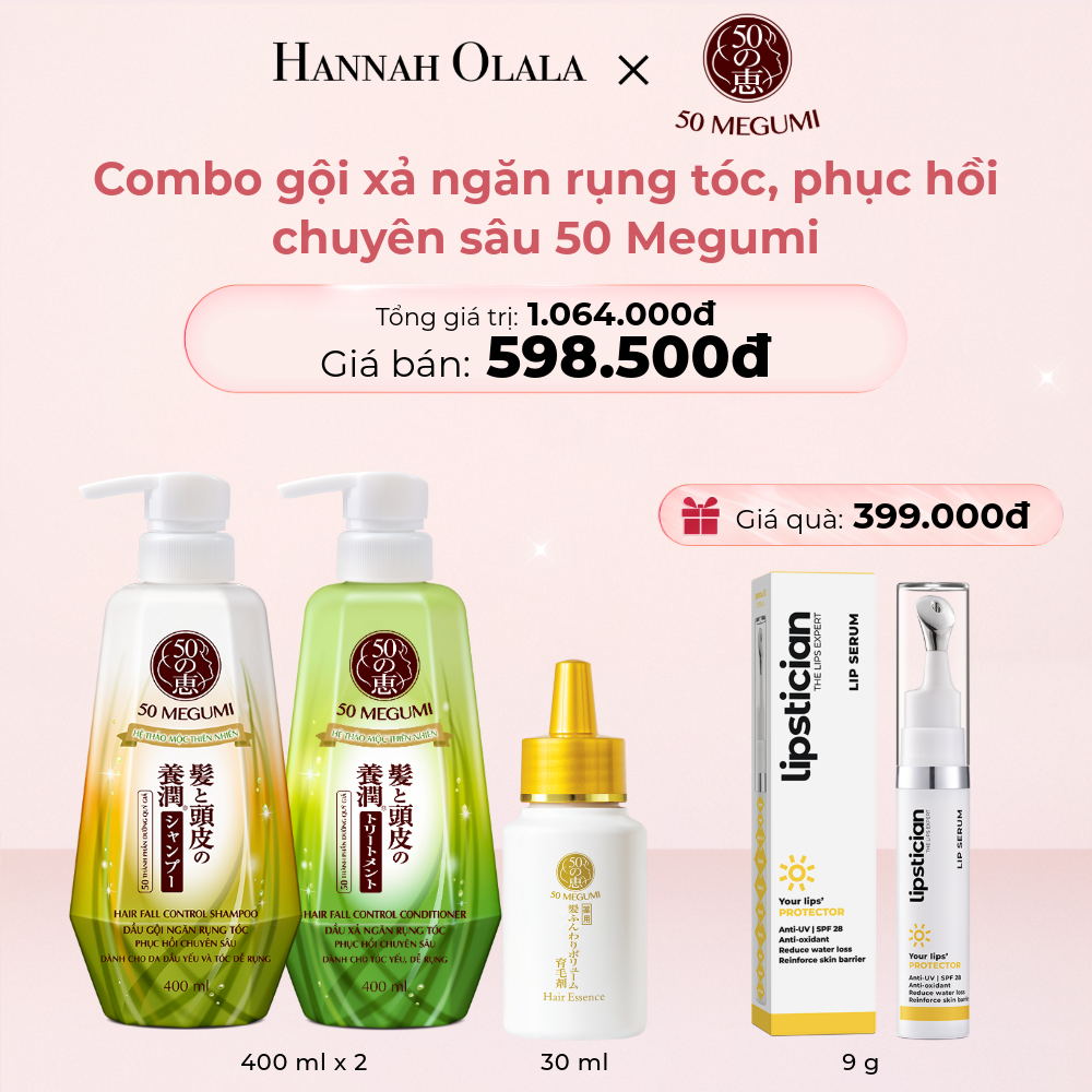 E334_DEAL 3: MUA 01 COMBO DẦU GỘI NGĂN RỤNG TÓC, PHỤC HỒI CHUYÊN SÂU 50 MEGUMI 400ML + TINH CHẤT DƯỠNG VÀ NGĂN RỤNG TÓC 50 MEGUMI 30ML TẶNG 01 LIPSTICIAN LIP SERUM PROTECTOR