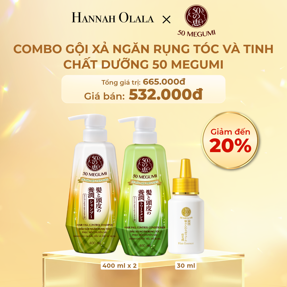 DEAL 1: MUA 01 COMBO GỒM GỘI XẢ NGĂN RỤNG TÓC, PHỤC HỒI CHUYÊN SÂU 50 MEGUMI 400ML + TINH CHẤT DƯỠNG VÀ NGĂN RỤNG TÓC 50 MEGUMI 30ML GIẢM 20%