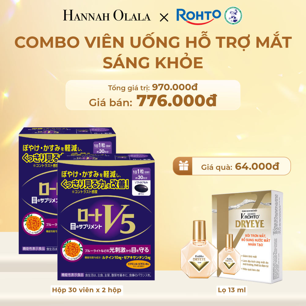 DEAL 11: MUA COMBO 2 HỘP VIÊN UỐNG HÕ TRỢ BỔ MẮT ROHTO V5 GIẢM TẶNG 1 DUNG DỊCH NHỎ MẮT V.ROHTO DRYEYE