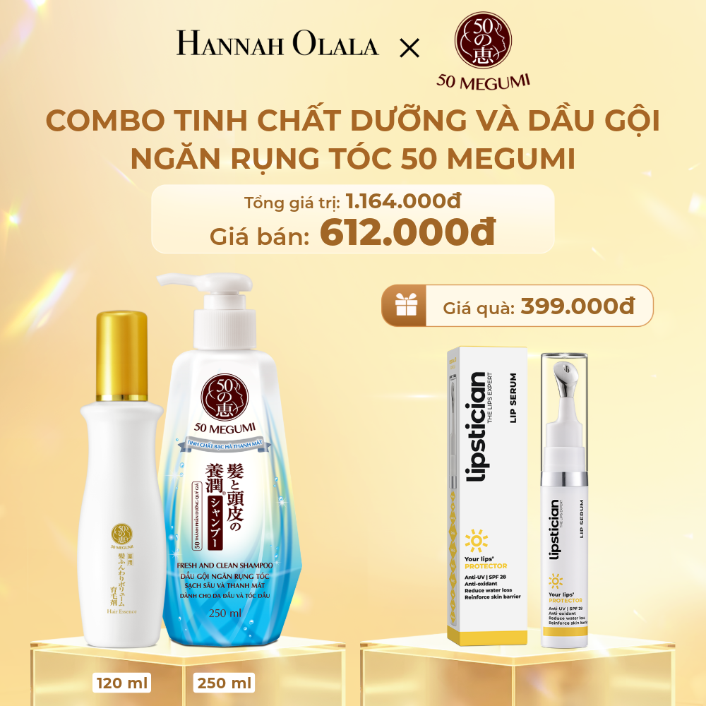 DEAL 2: MUA 01 COMBO TINH CHẤT DƯỠNG VÀ NGĂN RỤNG TÓC 50 MEGUMI 120ML VÀ DẦU GỘI NGĂN RỤNG TÓC, SẠCH SÂU VÀ THANH MÁT 50 MEGUMI 250ML TẶNG 01 LIPSTICIAN LIP SERUM PROTECTOR & GIẢM 20%
