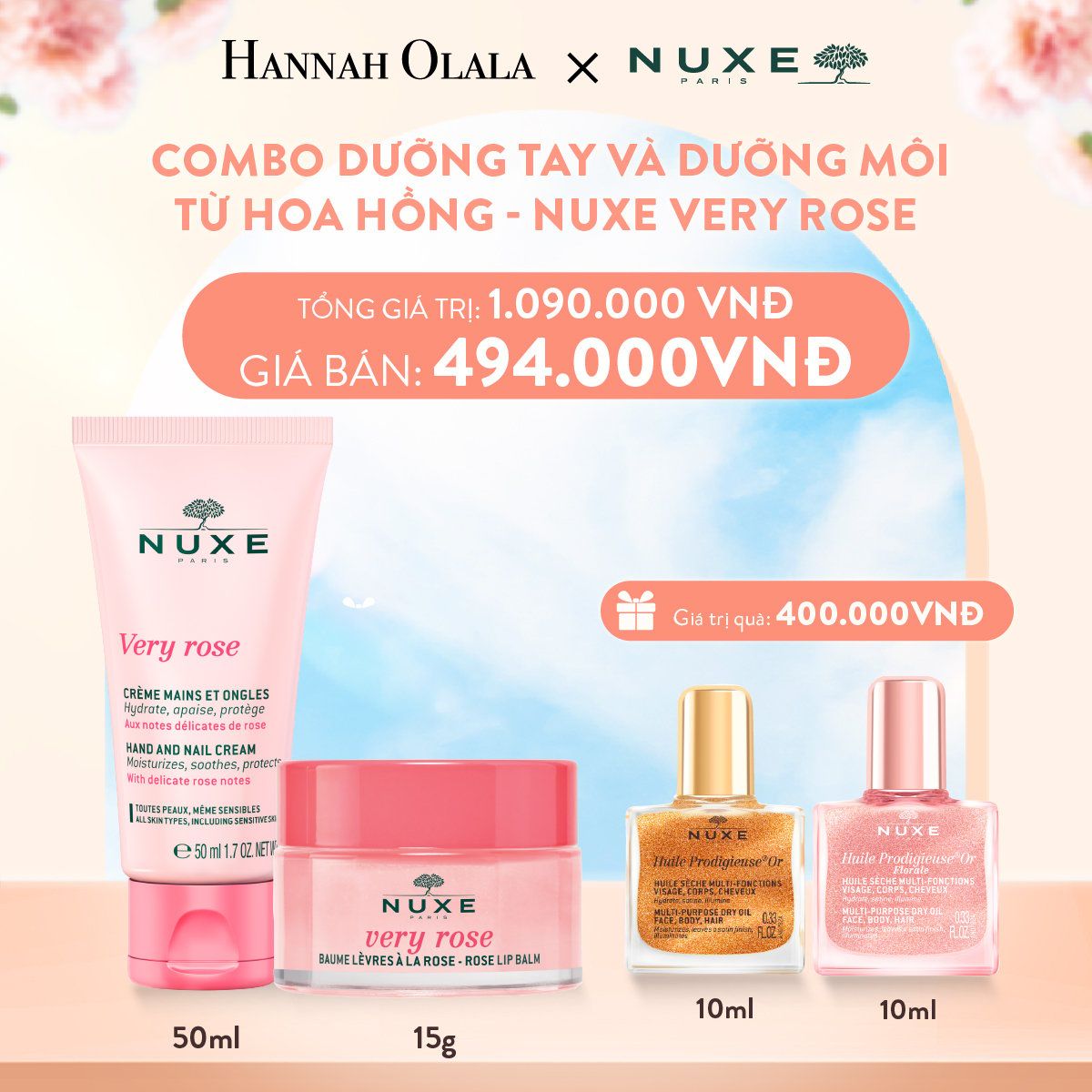 A606_DEAL 8: COMBO DƯỠNG TAY & MÔI NUXE HANDCREAM 50ML & LIP BALM 15G (MẬT ONG/HOA HỒNG)