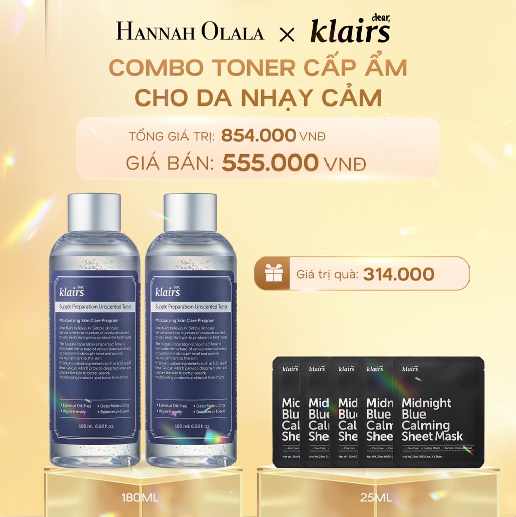 DEAL 4: COMBO 02 PCS DEAR, KLAIRS NƯỚC HOA HỒNG SUPPLE PREPARATION UNSCENTED TONER 180ML