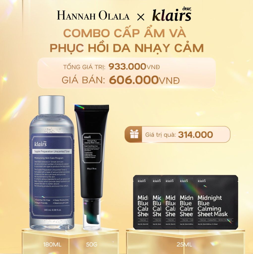 DEAL 6: COMBO 01 PCS DEAR, KLAIRS NƯỚC HOA HỒNG SUPPLE PREPARATION UNSCENTED TONER 180ML + 01PCS DEAR, KLAIRS KEM DƯỠNG DA MIDNIGHT BLUE CLEARING WATER CREAM 50G