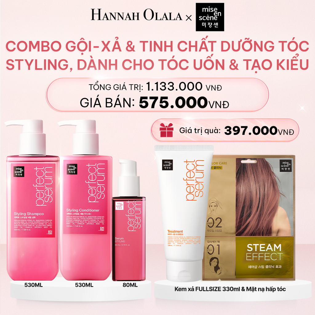 E492_DEAL 3: COMBO GỘI XẢ 530ML VÀ TINH CHẤT 80ML MISE EN SCENE PERFECT SERUM STYLING DƯỠNG TÓC SUÔN MƯỢT, DỄ VÀO NẾP DÀNH CHO TÓC UỐN