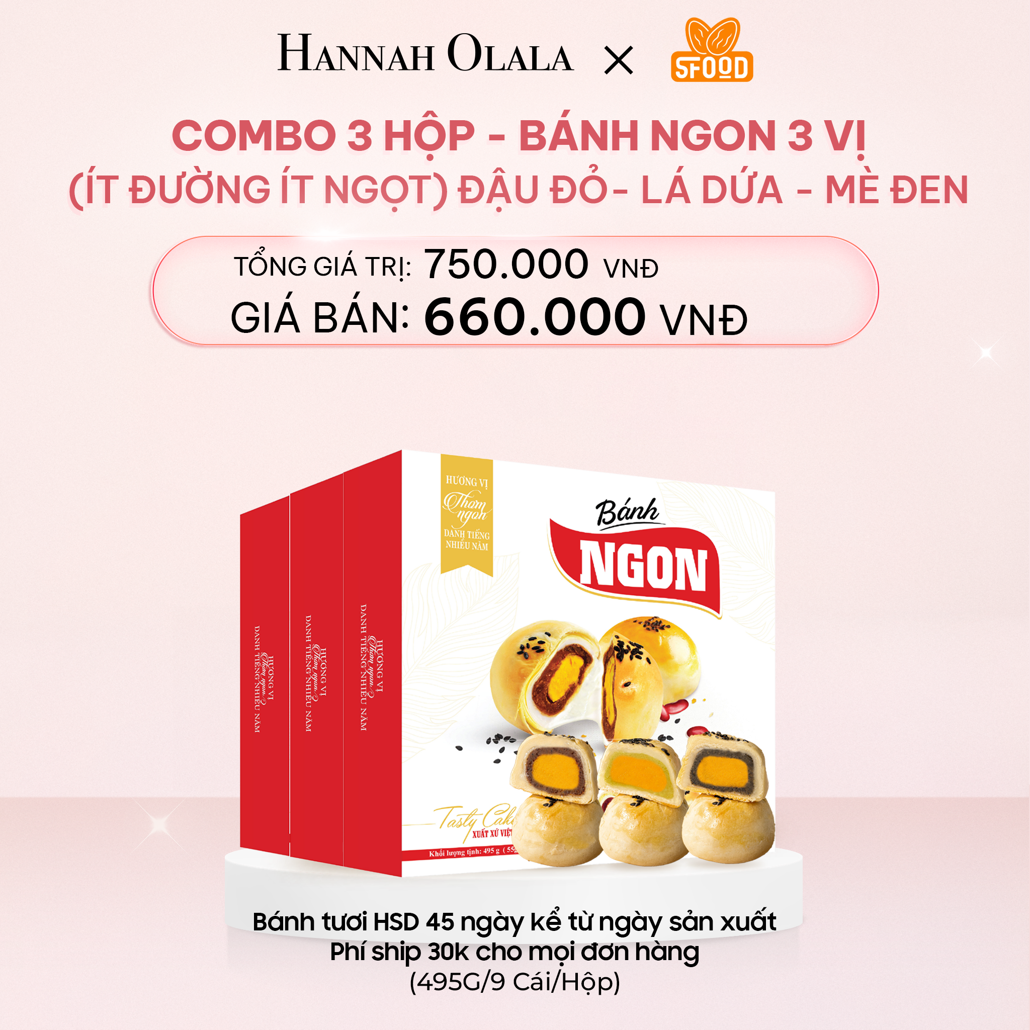 E805_DEAL 2: COMBO 3 HỘP - BÁNH NGON 3 VỊ (ÍT ĐƯỜNG ÍT NGỌT): ĐẬU ĐỎ- LÁ DỨA - MÈ ĐEN