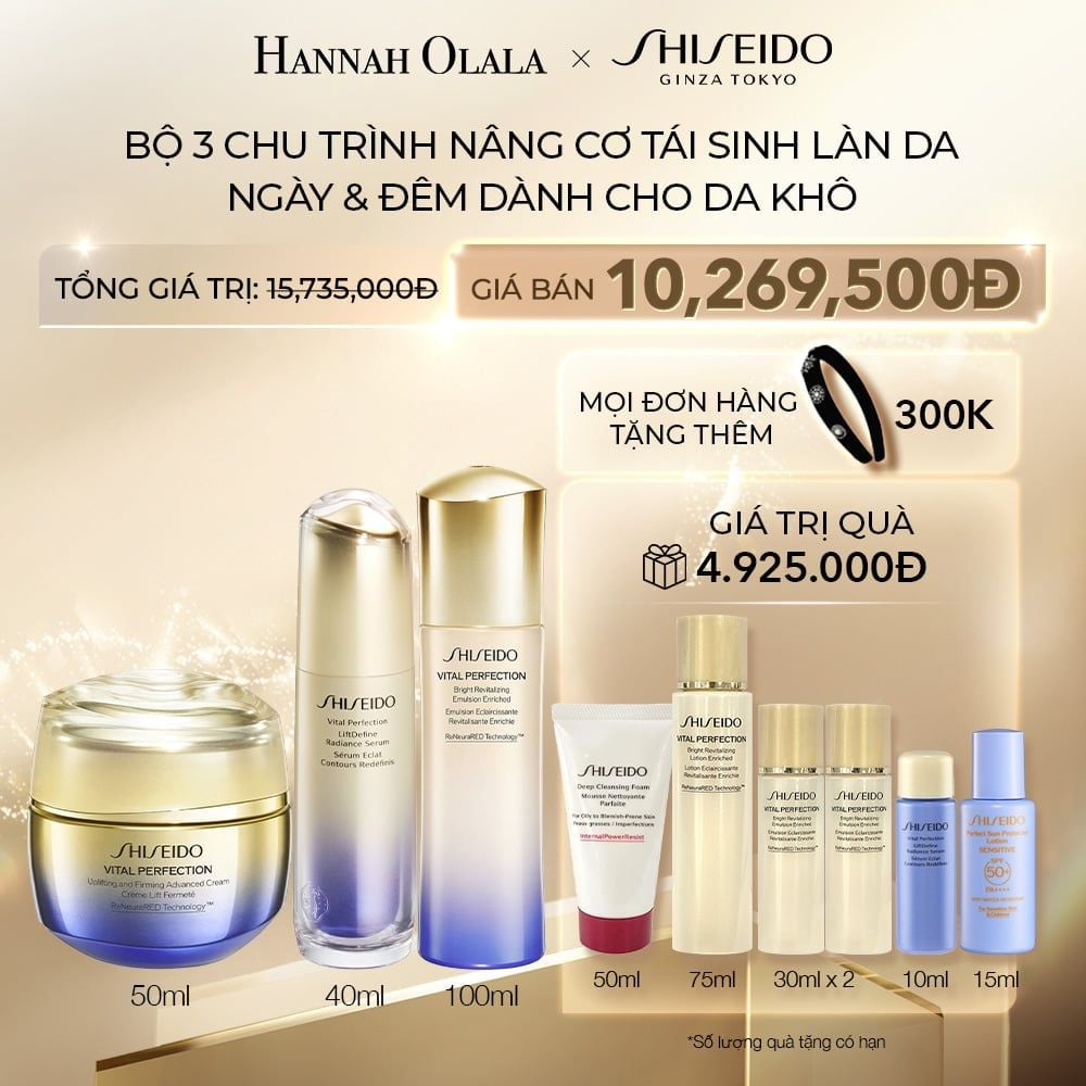 C25_DEAL 31: SỮA DƯỠNG DA SHISEIDO VITAL PERFECTION BRIGHT REVITALIZING EMULSION ENRICHED 100ML & TINH CHẤT DƯỠNG DA VITAL-PERFECTION LIFTDEFINE RADIANCE SERUM 40ML& KEM DƯỠNG DA SHISEIDO VITAL PERFECTION UPLIFTING AND FIRMING ADVANCED CREAM 50ML
