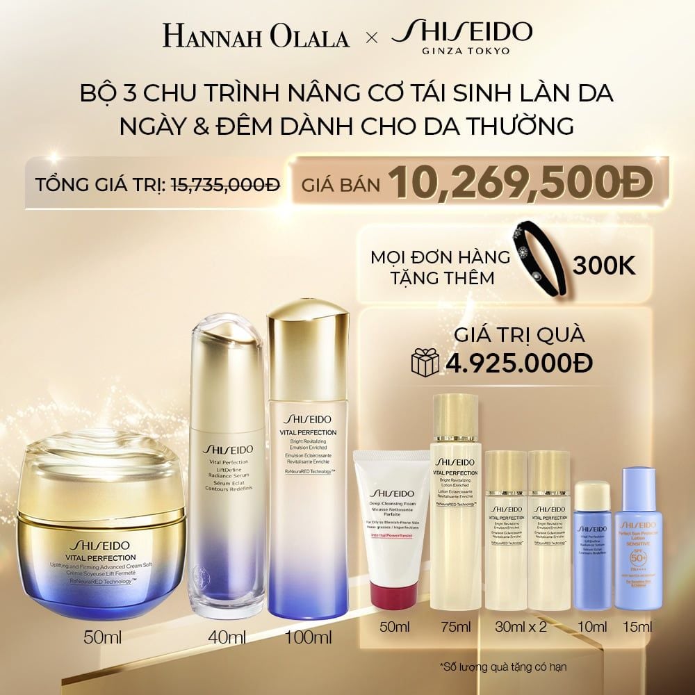 C26_DEAL 32: SỮA DƯỠNG DA SHISEIDO VITAL PERFECTION BRIGHT REVITALIZING EMULSION ENRICHED 100ML & TINH CHẤT DƯỠNG DA VITAL-PERFECTION LIFTDEFINE RADIANCE SERUM 40ML& KEM DƯỠNG DA SHISEIDO VITAL PERFECTION UPLIFTING AND FIRMING ADVANCED CREAM SOFT 50ML