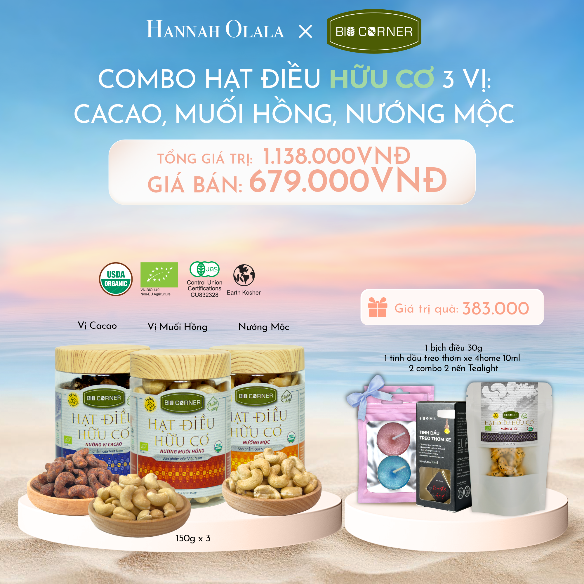 C1043_DEAL 4: COMBO HẠT ĐIỀU HỮU CƠ 3 VỊ CACAO, MUỐI HỒNG, NƯỚNG MỘC