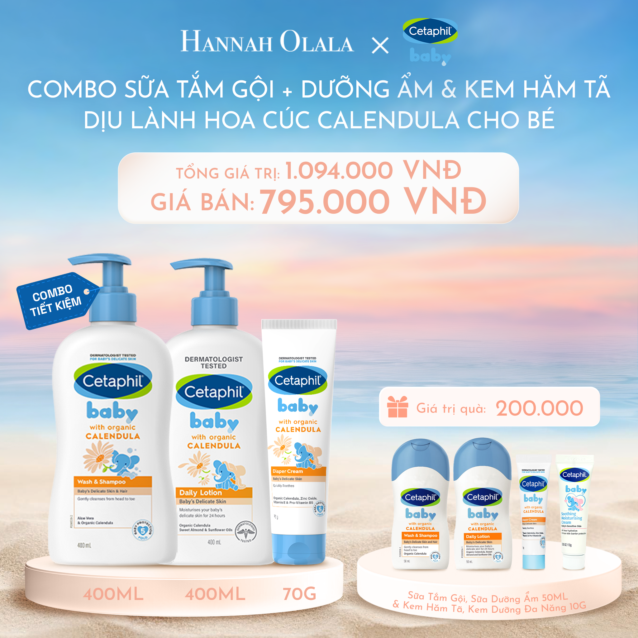 C1049_DEAL 10: BỘ SỮA TẮM GỘI 400ML + SỮA DƯỠNG ẨM 400ML + KEM CHỐNG HĂM TÃ 70G CETAPHIL BABY WITH ORGANIC CALENDULA