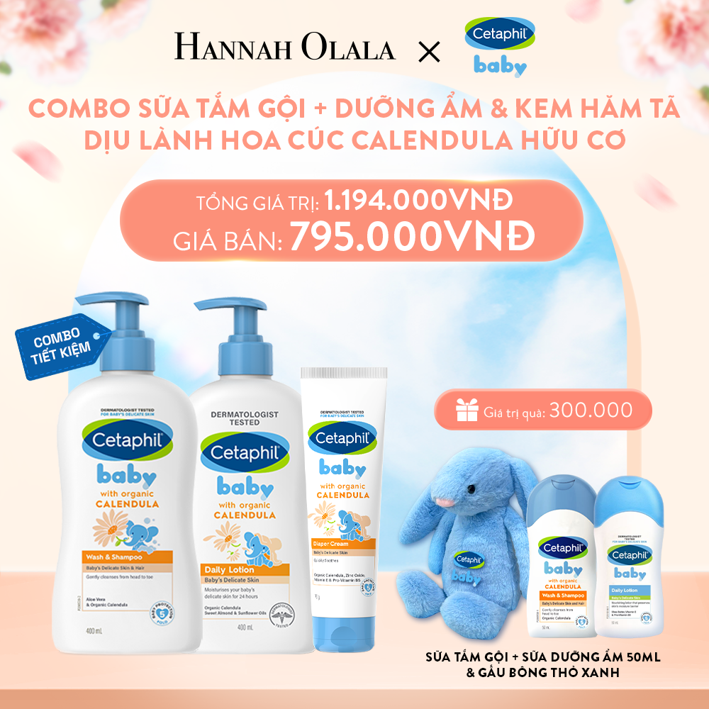 A168_DEAL 11: BỘ SỮA TẮM GỘI 400ML + SỮA DƯỠNG ẨM 400ML + KEM CHỐNG HĂM TÃ 70G CETAPHIL BABY WITH ORGANIC CALENDULA