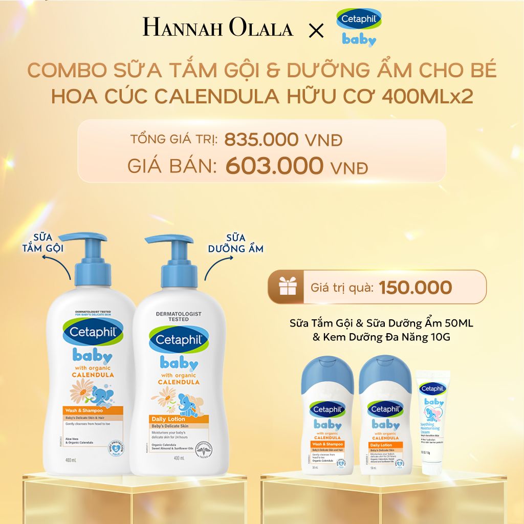 DEAL 7: BỘ SỮA TẮM GỘI 400ML + SỮA DƯỠNG ẨM 400ML CETAPHIL BABY WITH ORGANIC CALENDULA