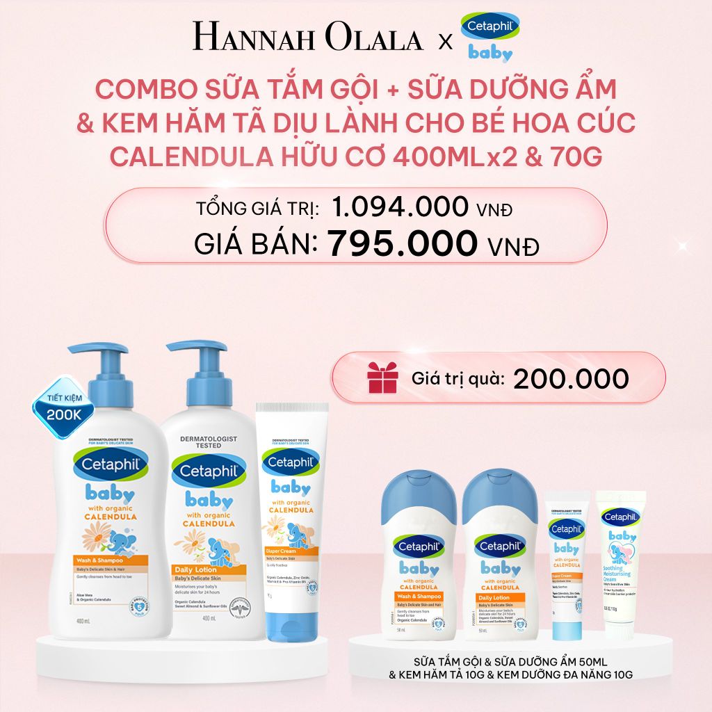 E434_DEAL 10: BỘ SỮA TẮM GỘI 400ML + SỮA DƯỠNG ẨM 400ML + KEM CHỐNG HĂM TÃ 70G CETAPHIL BABY WITH ORGANIC CALENDULA