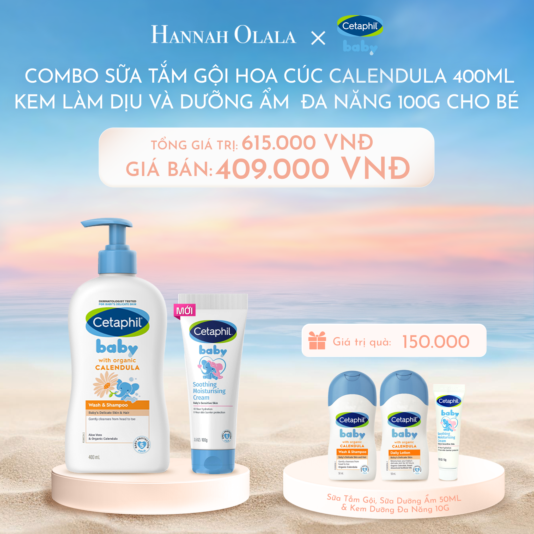 C1050_DEAL 11: COMBO SỮA TẮM GỘI DỊU LÀNH CHO BÉ CETAPHIL BABY WASH & SHAMPOO VỚI HOA CÚC HỮU CƠ 400ML + KEM LÀM DỊU VÀ DƯỠNG ẨM CHO BÉ CETAPHIL BABY SOOTHING & MOISTURISING CREAM 100G
