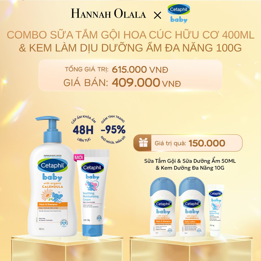 DEAL 11: COMBO SỮA TẮM GỘI DỊU LÀNH CHO BÉ CETAPHIL BABY WASH & SHAMPOO VỚI HOA CÚC HỮU CƠ 400ML & KEM LÀM DỊU VÀ DƯỠNG ẨM CHO BÉ CETAPHIL BABY SOOTHING & MOISTURISING CREAM 100G