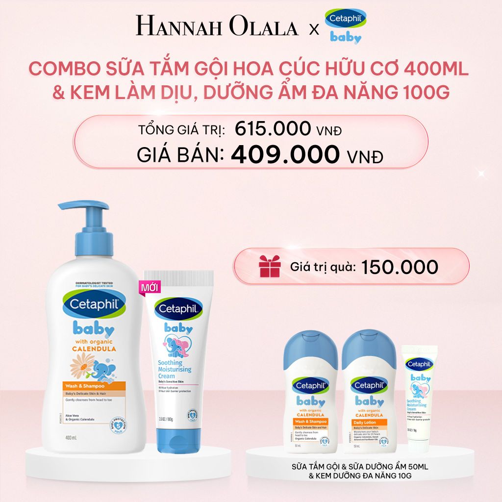 E435_DEAL 11: COMBO SỮA TẮM GỘI DỊU LÀNH CHO BÉ CETAPHIL BABY WASH & SHAMPOO VỚI HOA CÚC HỮU CƠ 400ML & KEM LÀM DỊU VÀ DƯỠNG ẨM CHO BÉ CETAPHIL BABY SOOTHING & MOISTURISING CREAM 100G